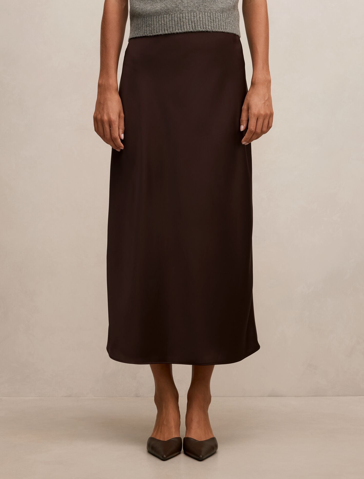 Sally Satin Column Midi Skirt Chocolate Forever New