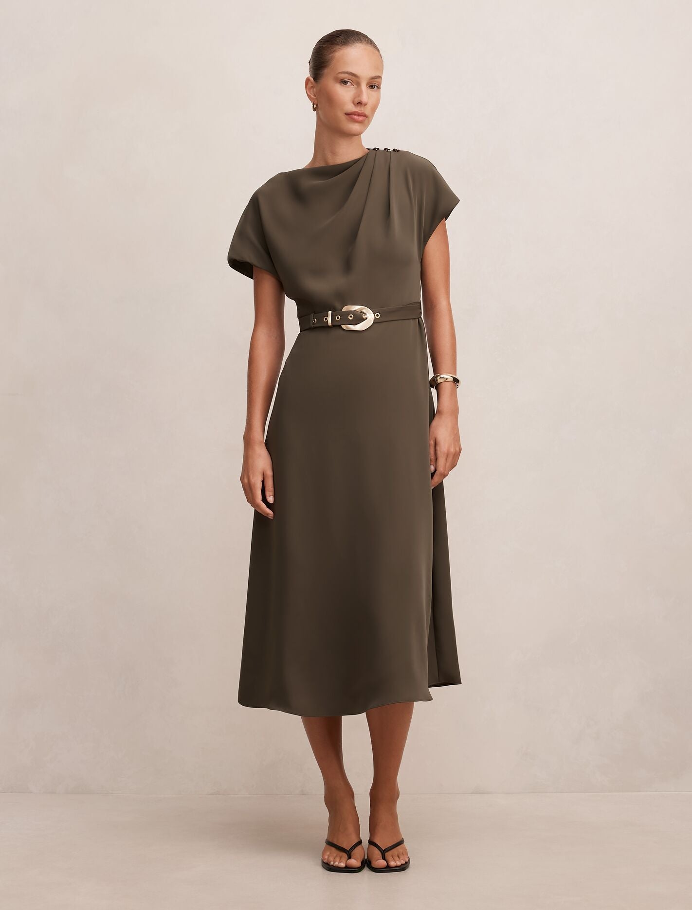 Kylee Button Neck Dress Olive Forever New