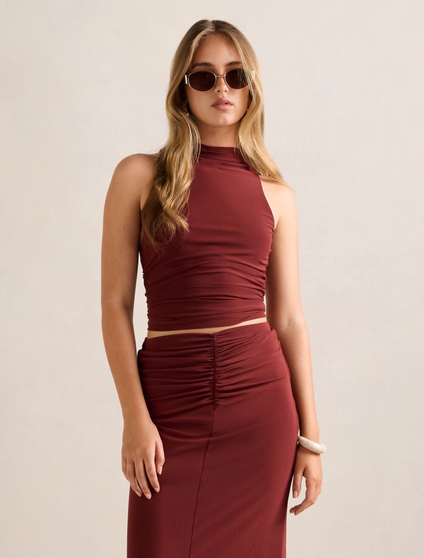 Savannah Ruched Mesh Top Rosewood Co-Ord Forever New