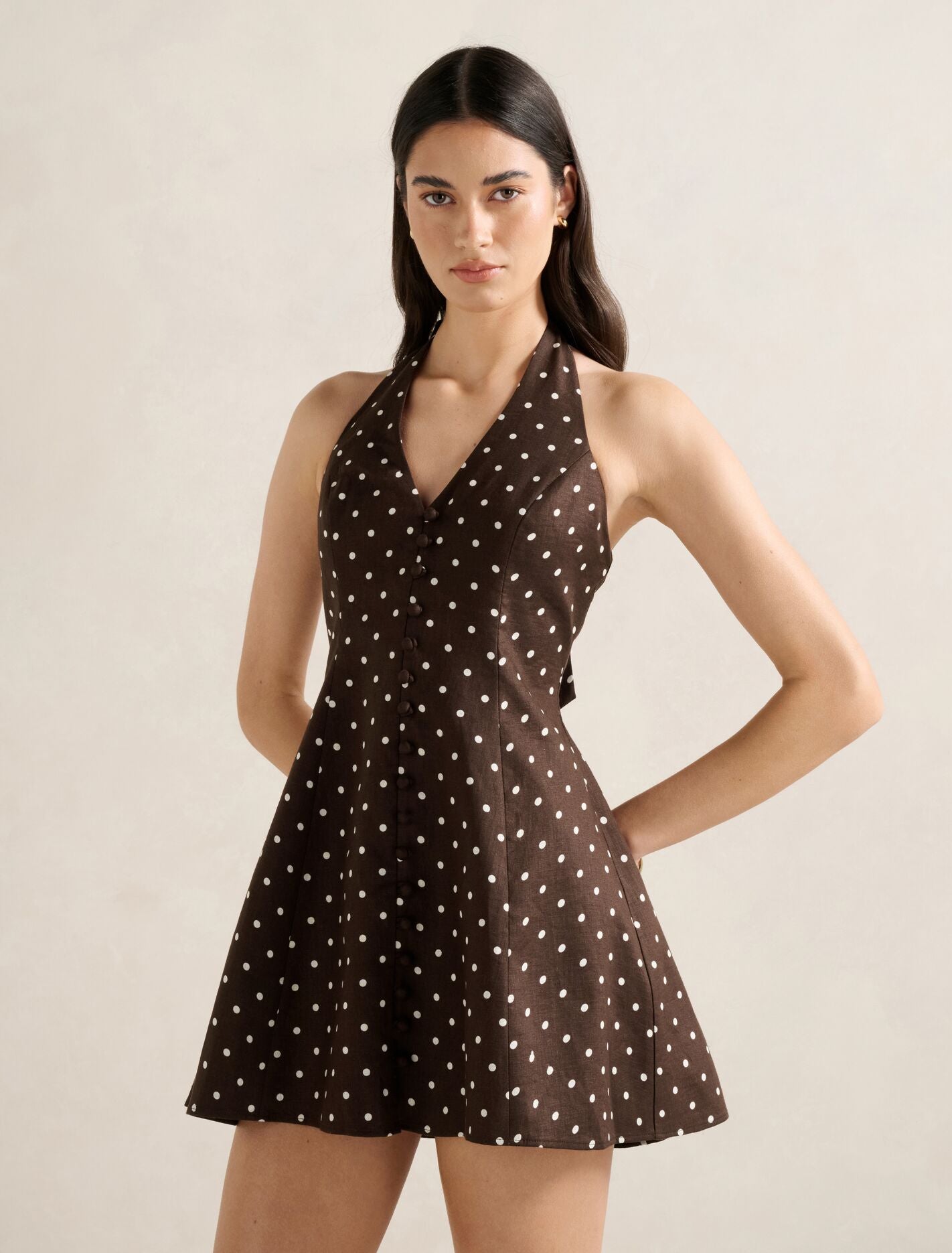 Ina Button Front Halter Linen Mini Dress Forever New