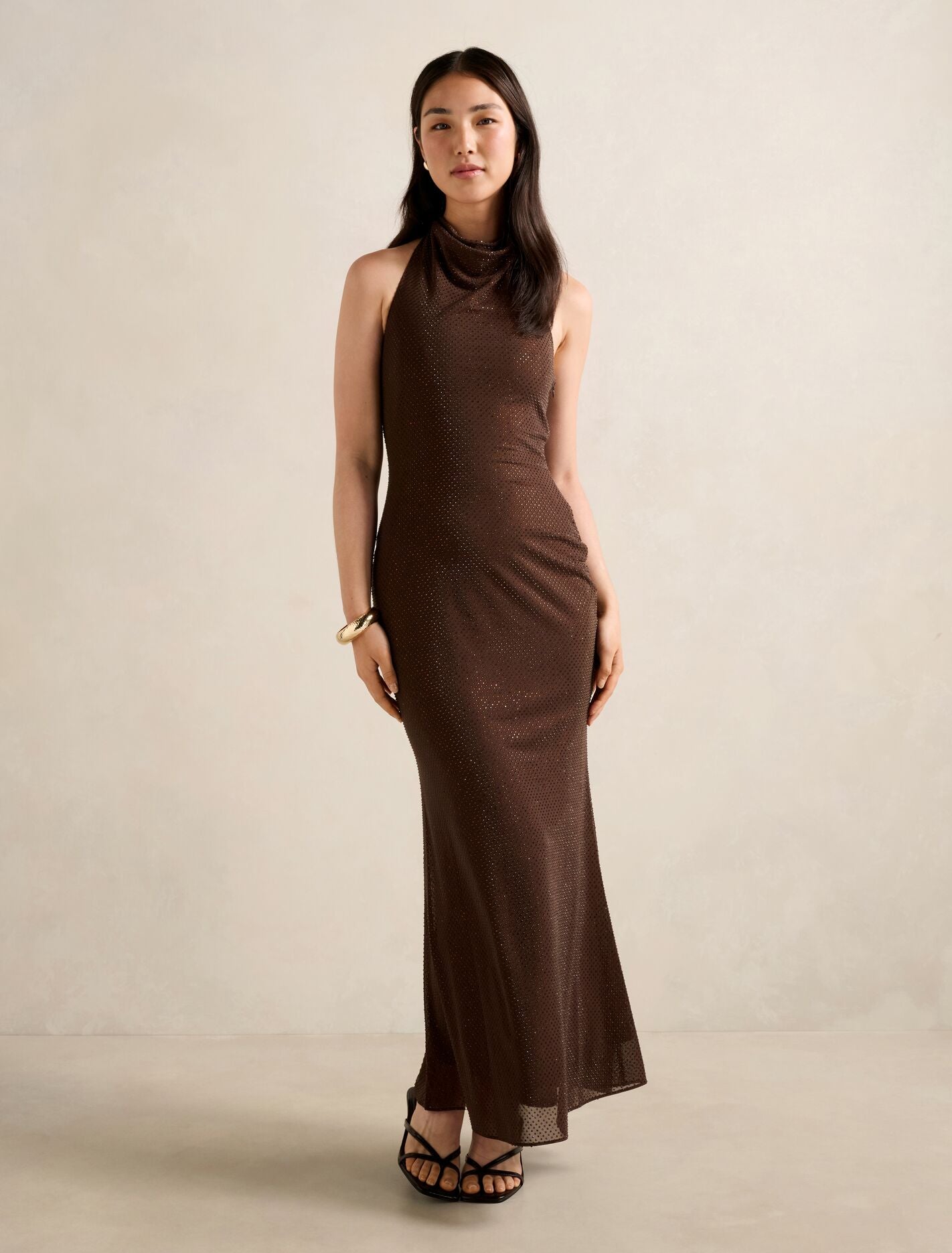 Ariana Halter Heatseal Maxi Dress Dark Chocolate Forever New
