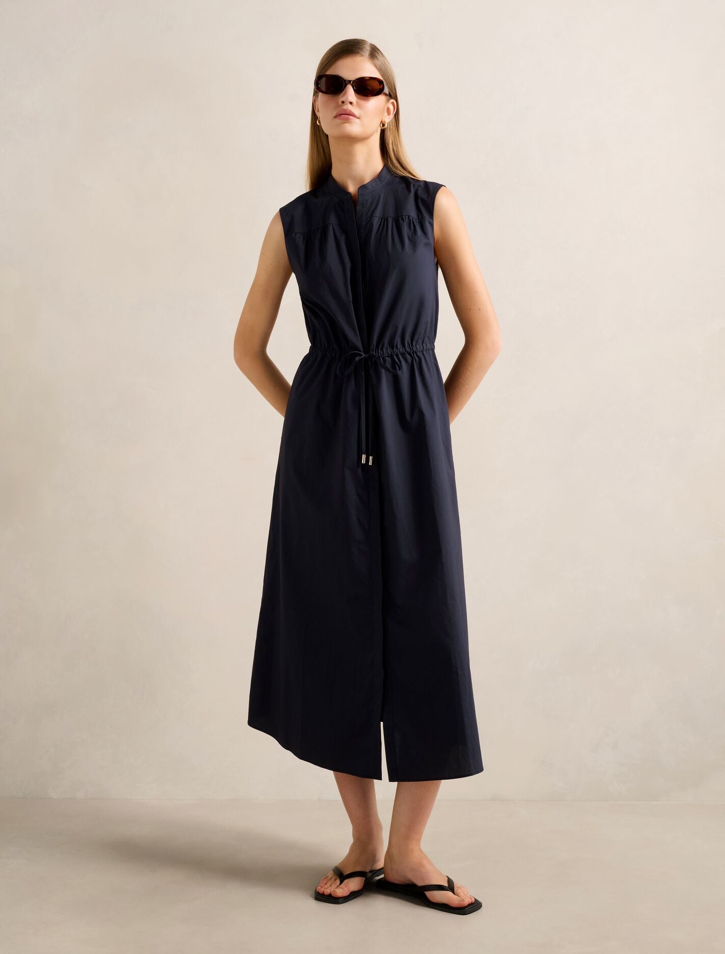 Jessie Drawcord Smock Midi Dress Navy Forever New