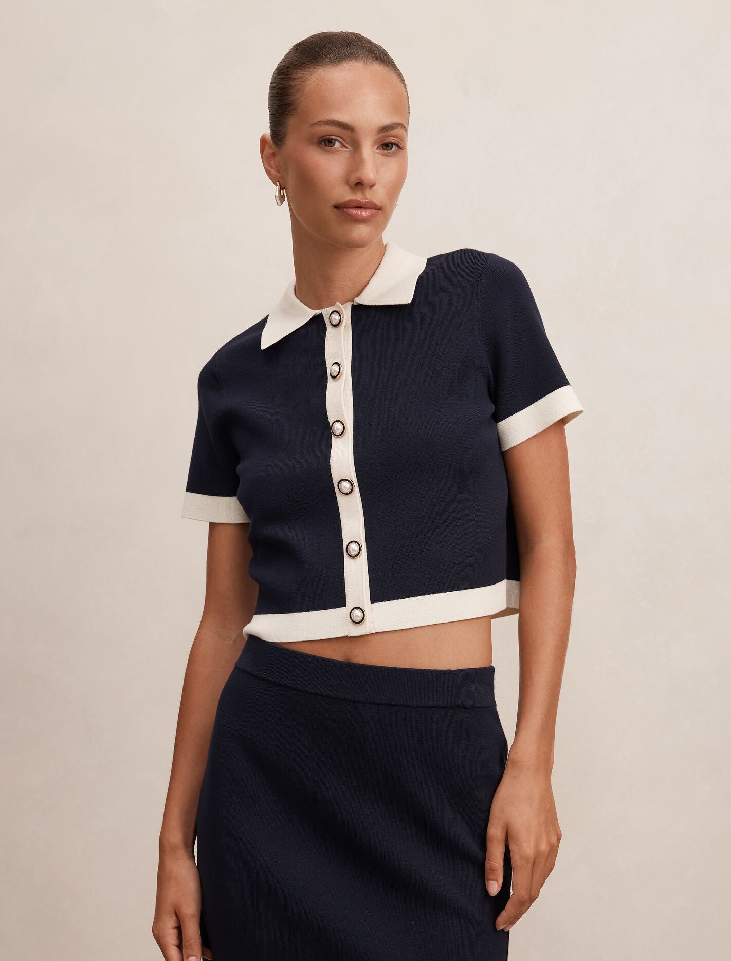 Farah Knitted Button Through T-shirt Navy White Co Ord Forever New