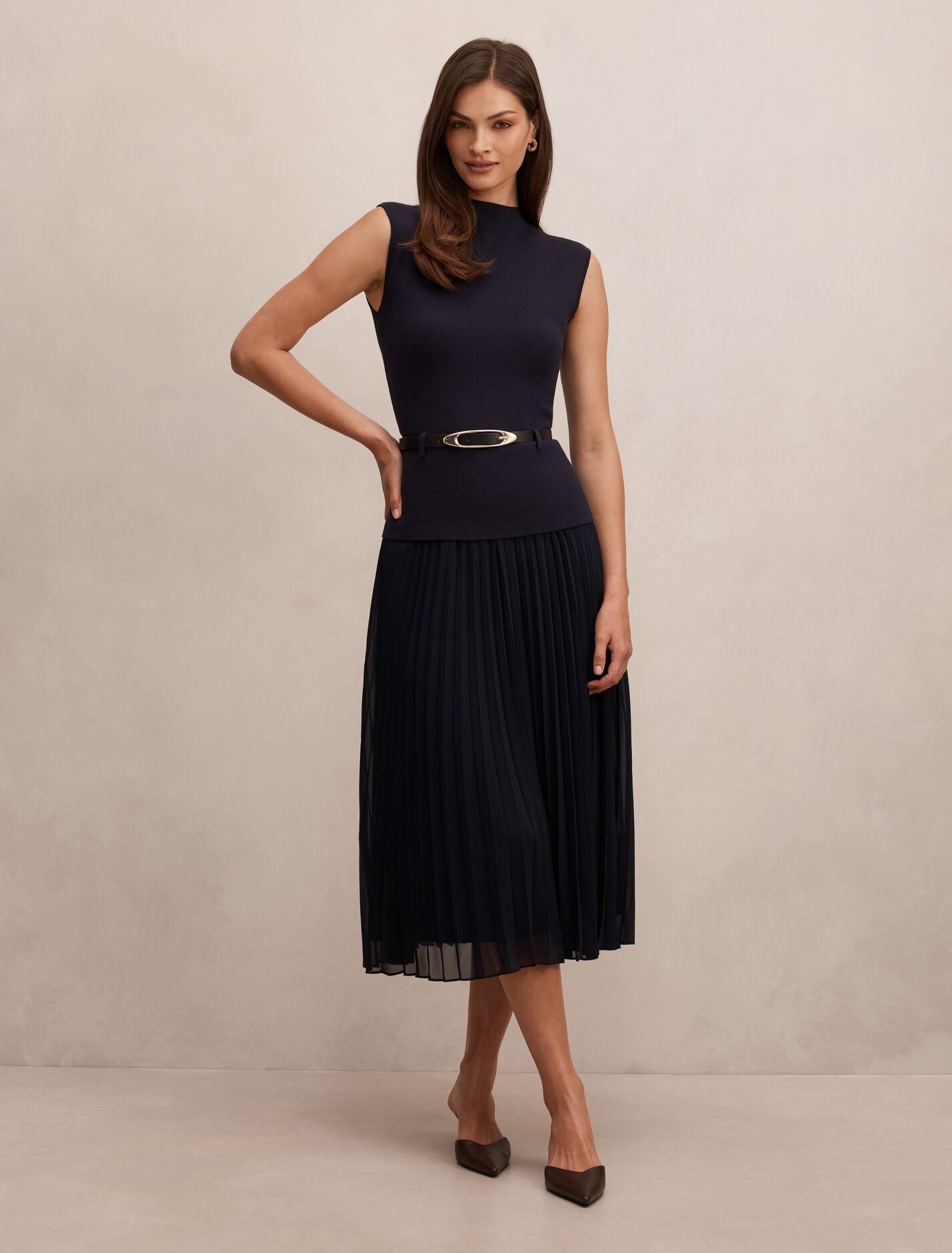 Lorelei Woven Mixed Midi Dress Navy Forever New