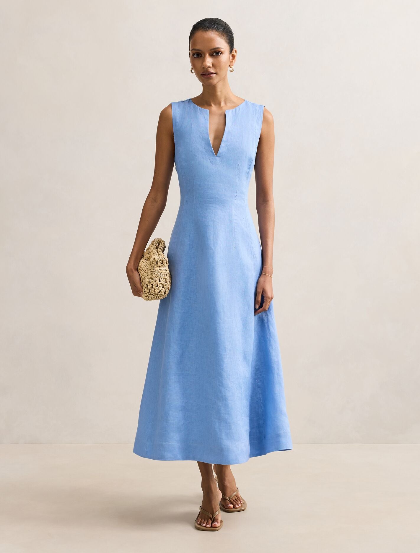 Pippi Petite V Neck Linen Midi Dress Azurine Forever New