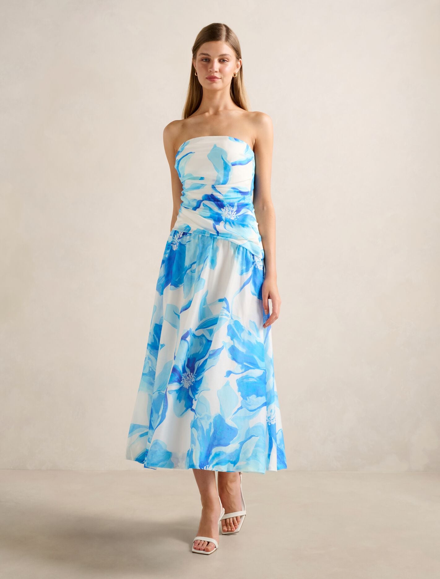 Ashton Ruched Midi Dress Blue Maia Floral Forever New