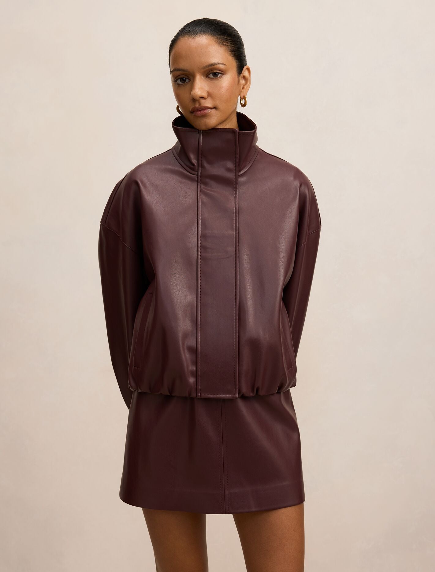 Jacquie Petite Pu Funnel Neck Coat Berry Co-Ord Forever New