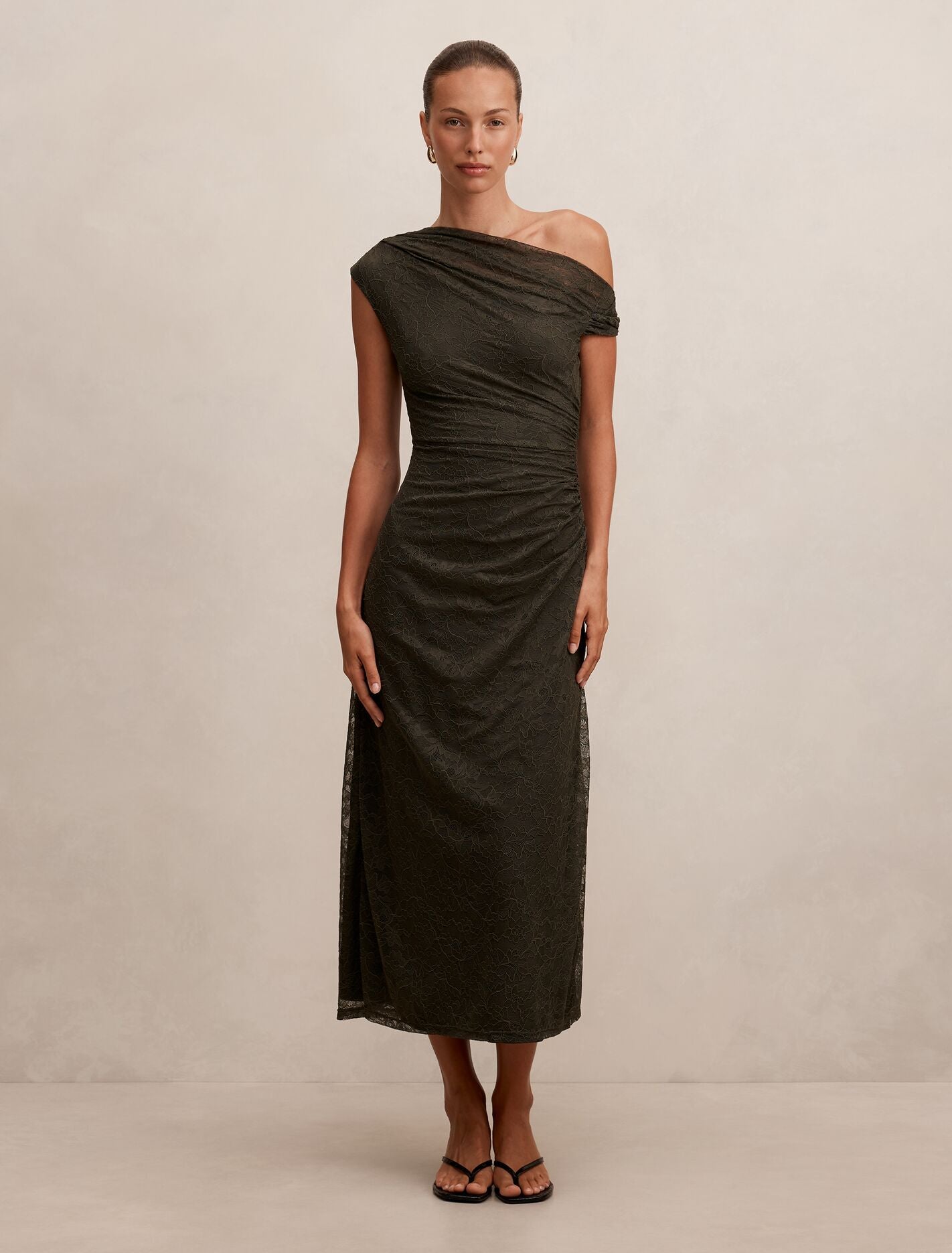 Paris Lace Asym Midi Dress Olive Night Forever New