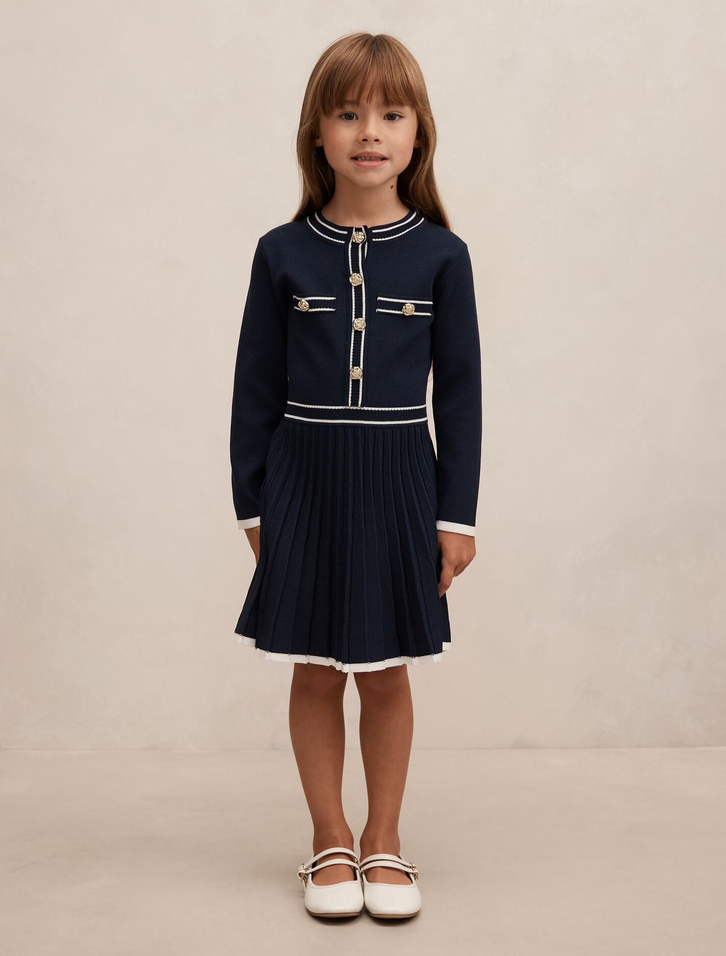 Serena Girls Pleated Knit Dress Navy Forever New