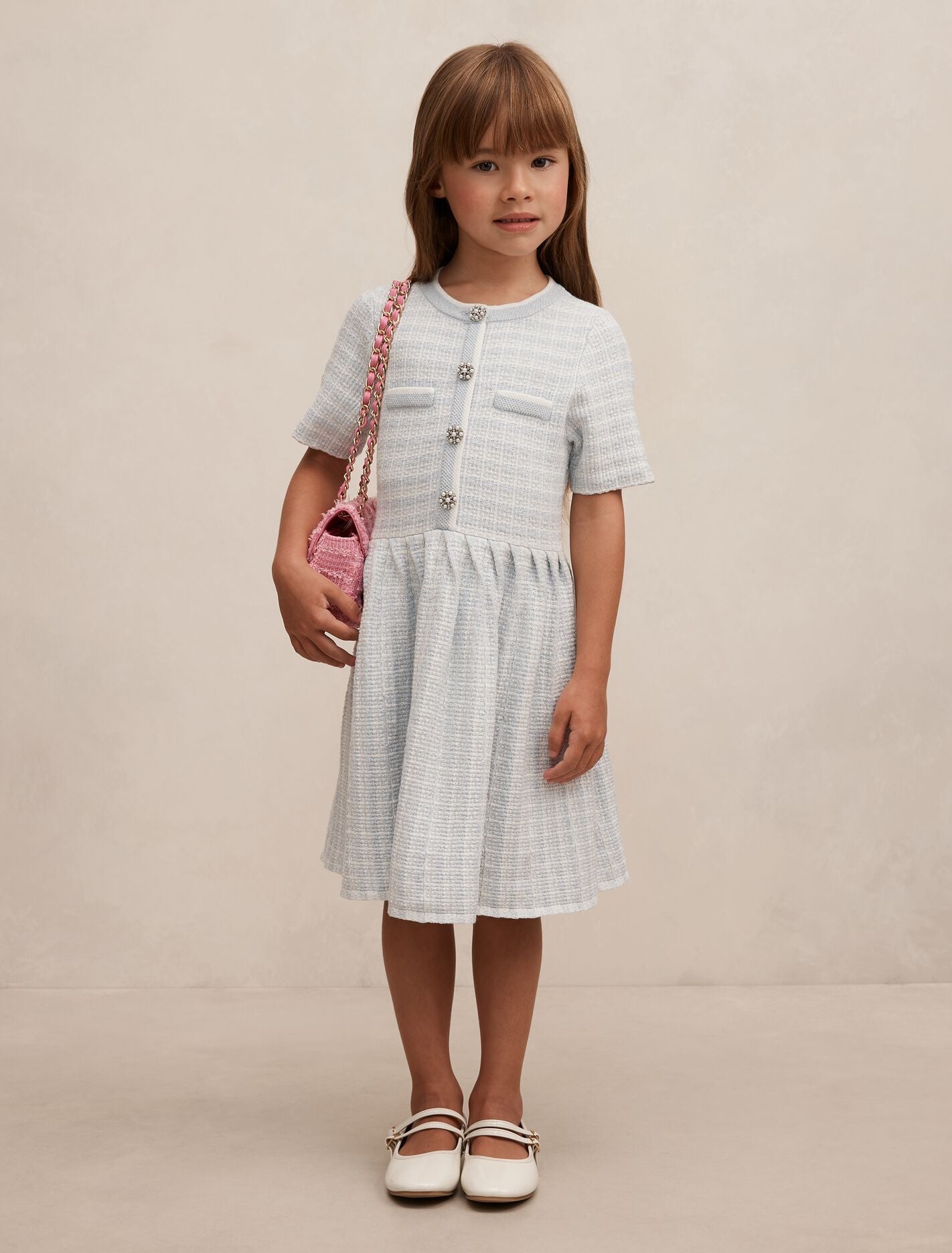 Elsa Girls Pleated Knit Boucle Dress Soft Blue Forever New