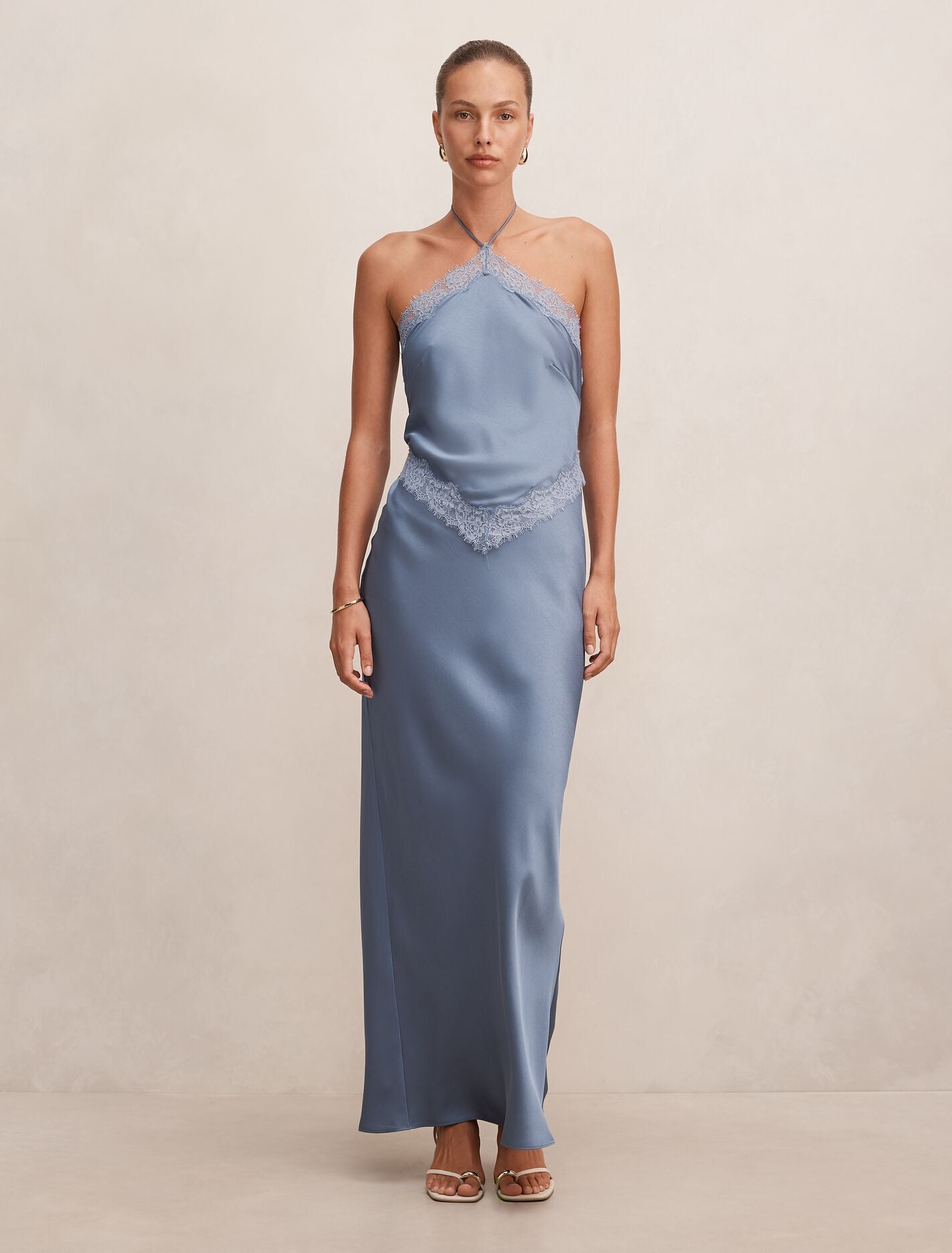 Kelli Lace Strappy Satin Maxi Dress Dove Blue Forever New
