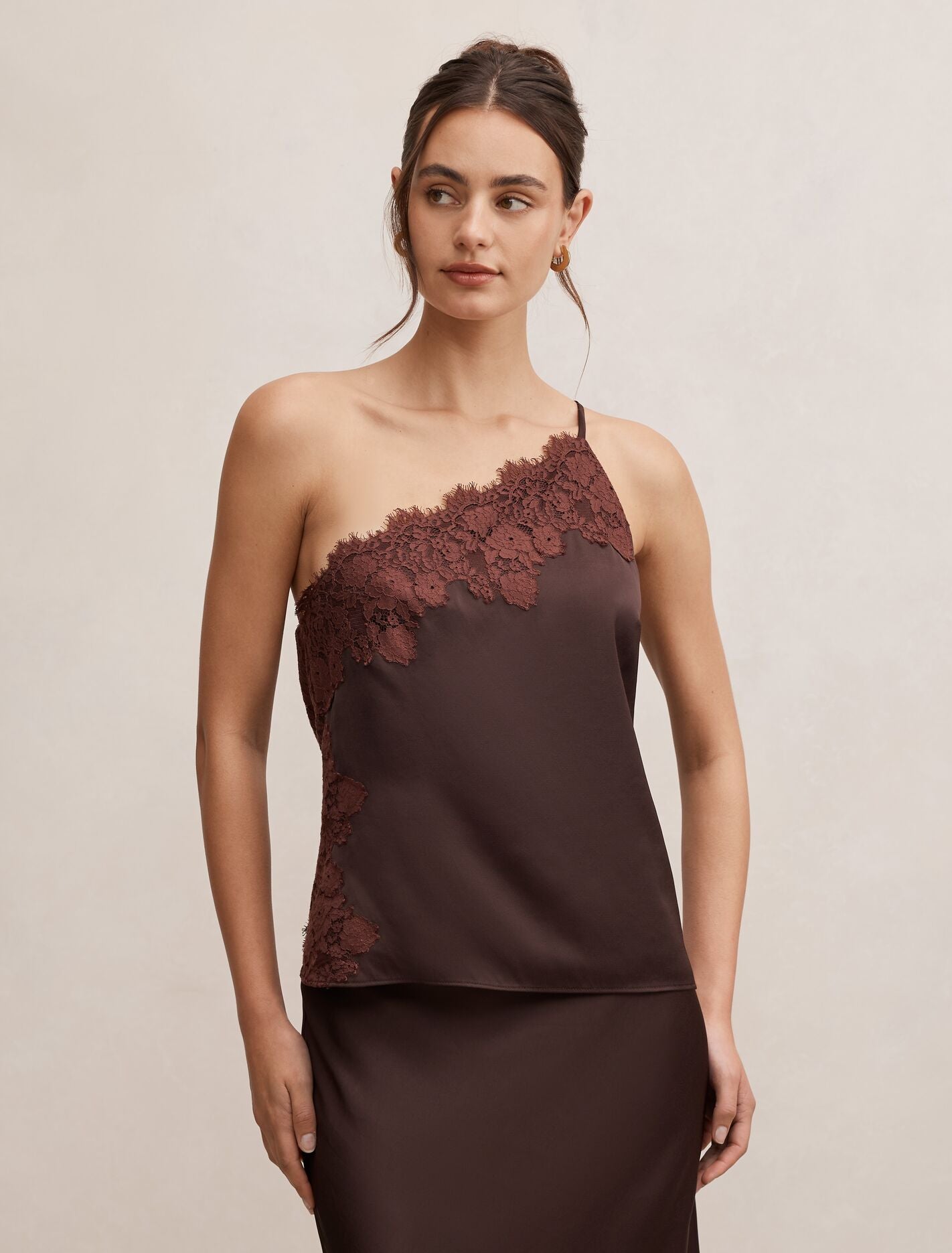 Adele One Shoulder Lace Trim Top Bitter Choc Co-ord Forever New