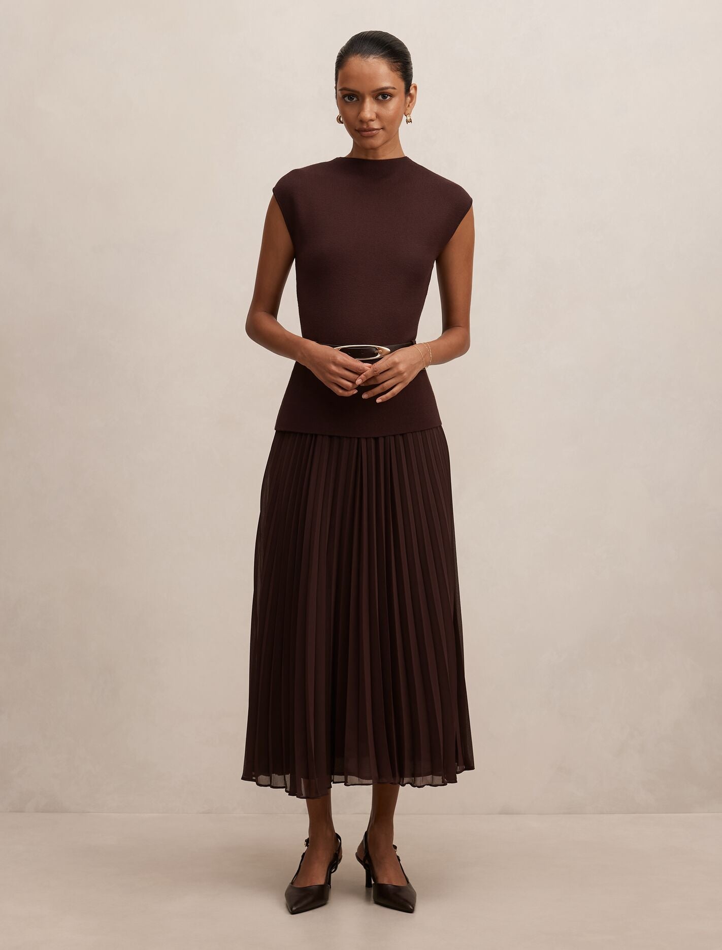 Lorelei Petite Woven Mixed Midi Dress Chocolate Forever New