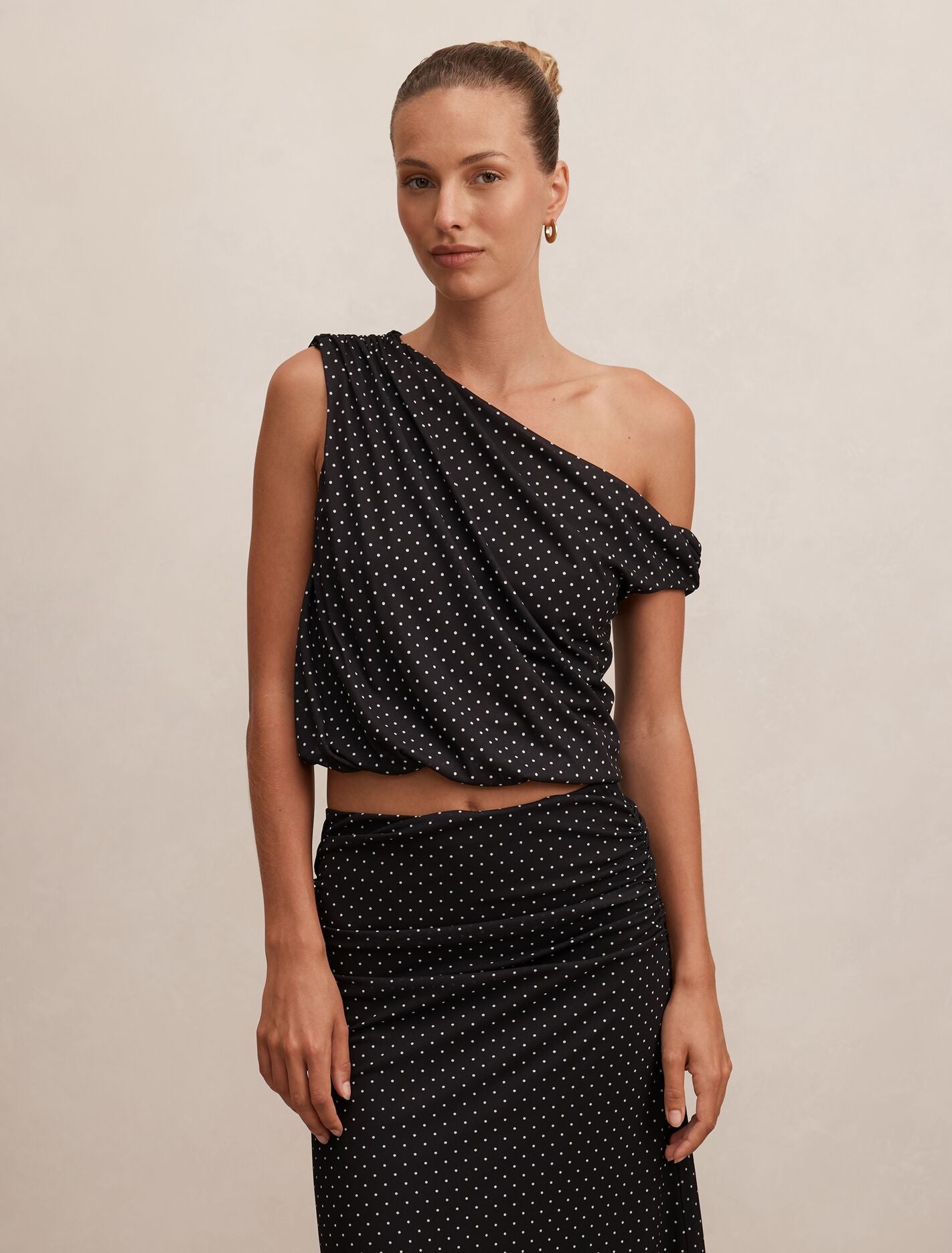 Mila Tipped Shoulder Drape Top Black Elstone Spot Co-Ord Forever New