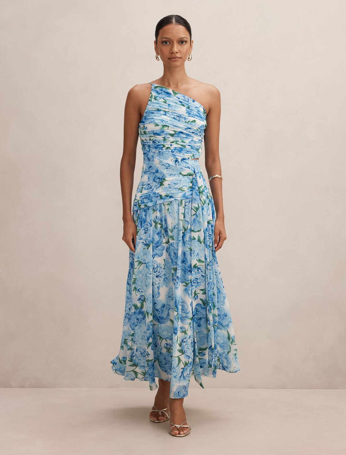 Connie Petite Ruched Asym Maxi Dress Blue Loft Floral Forever New
