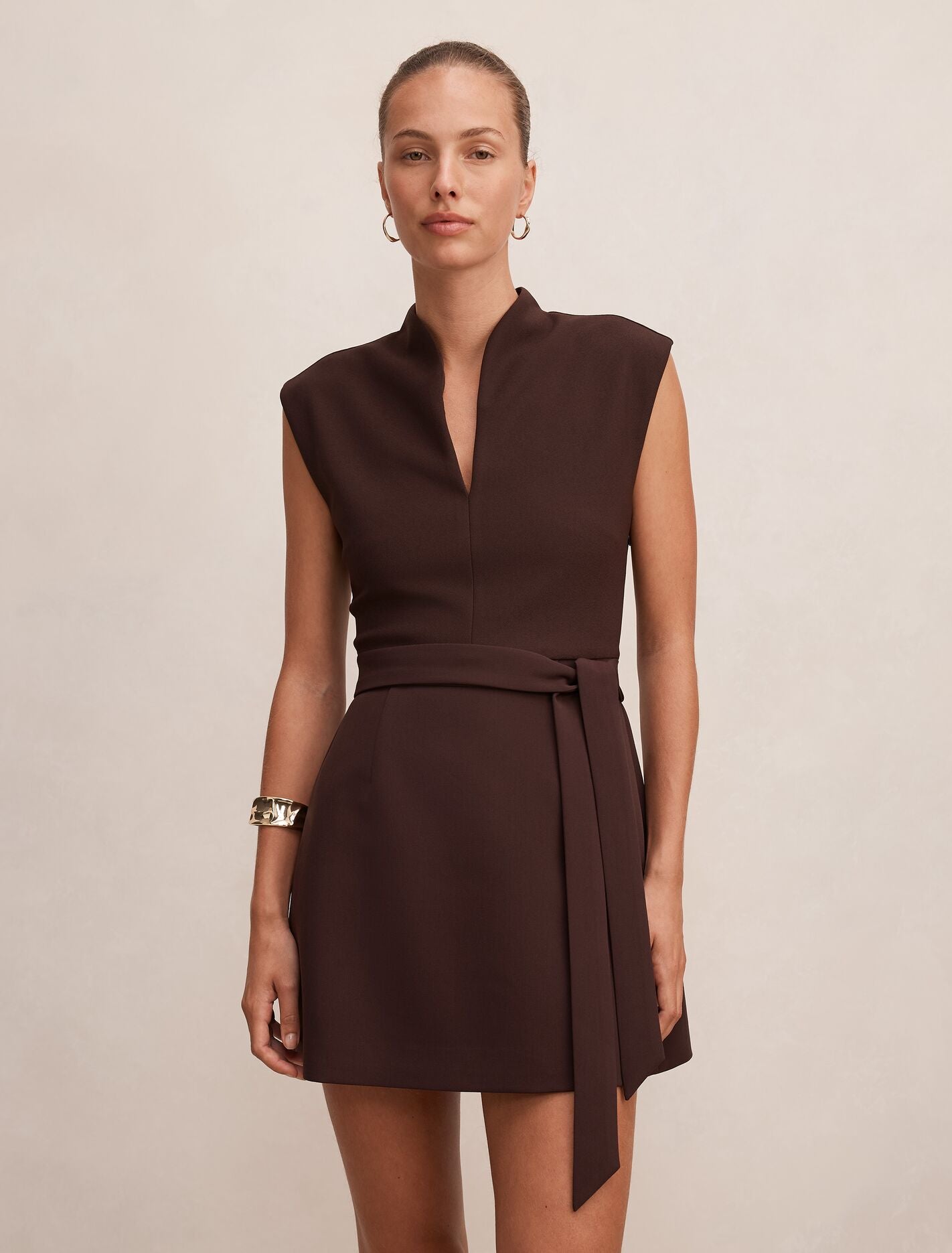 Rory Structured Tie Mini Dress Chocolate Forever New