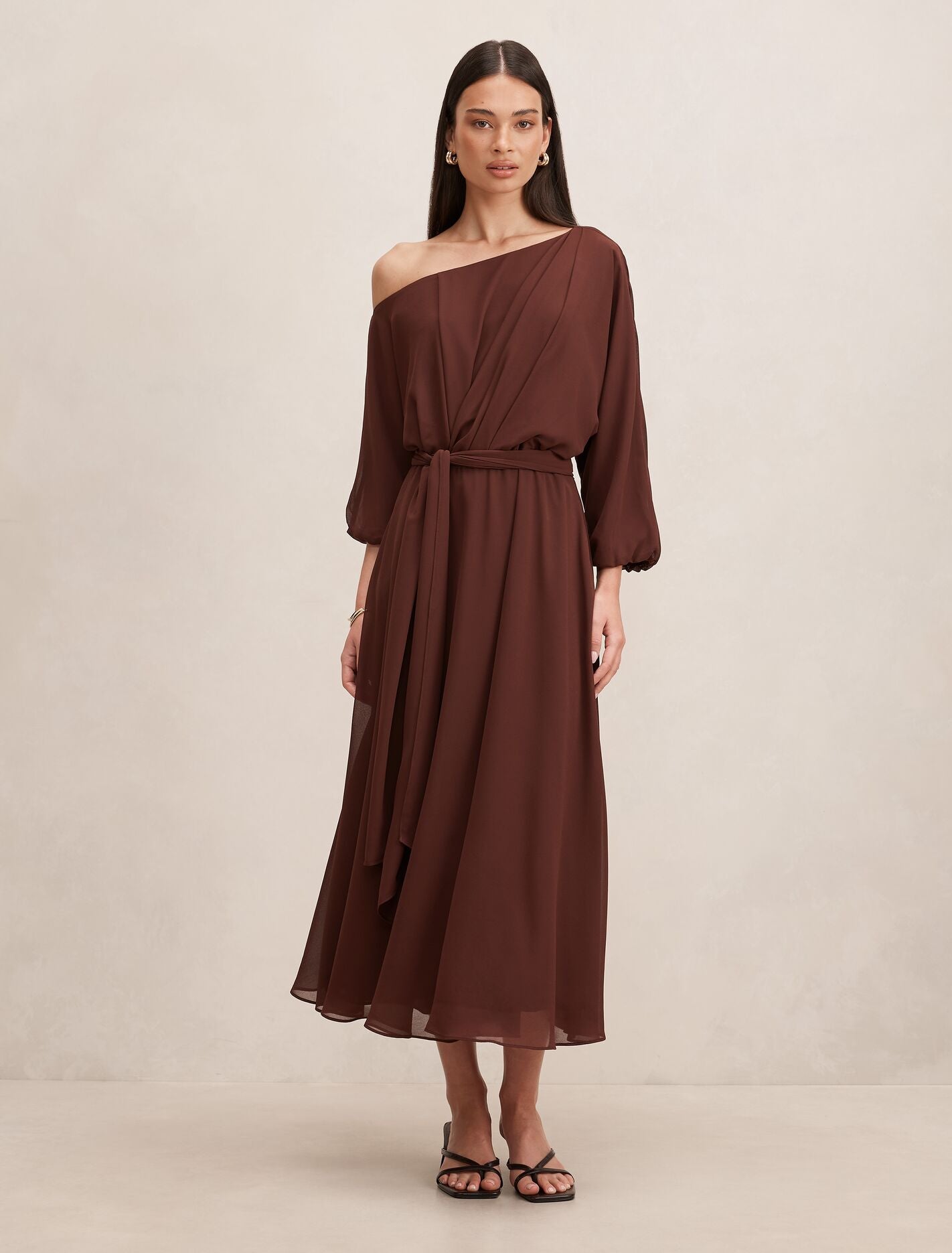 Samantha Tipped Draped Midi Dress Dark Chocolate Truffle Forever New