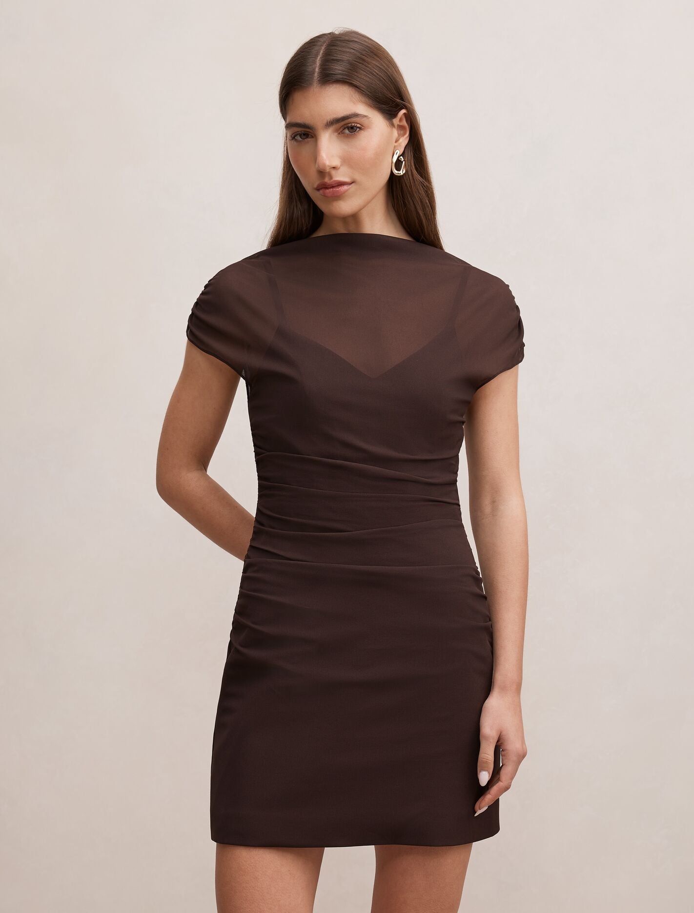 Vivianna Mesh Overlay Mini Dress Chocolate Forever New