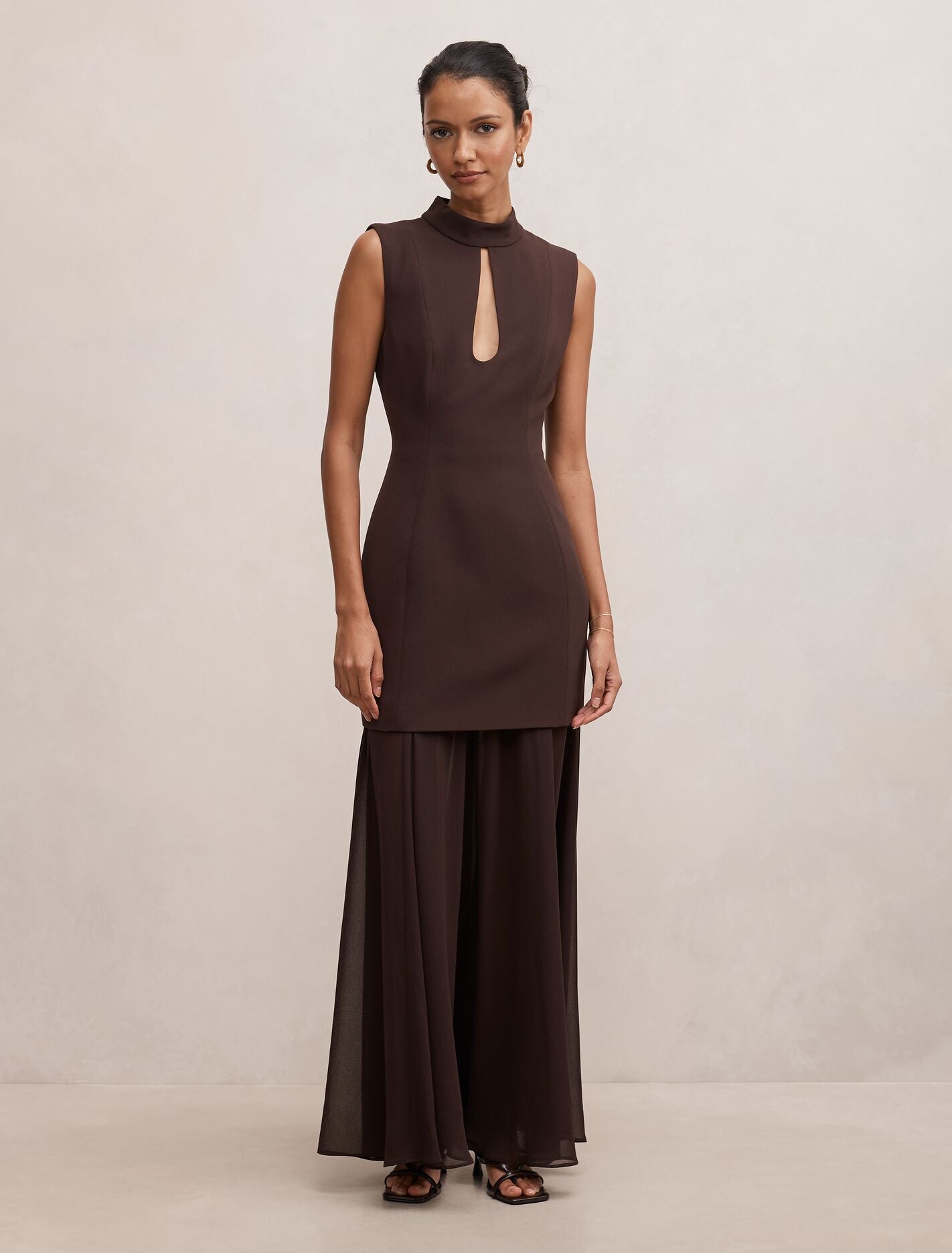 Pearl Petite High Neck Underlay Dress Dark Chocolate Forever New