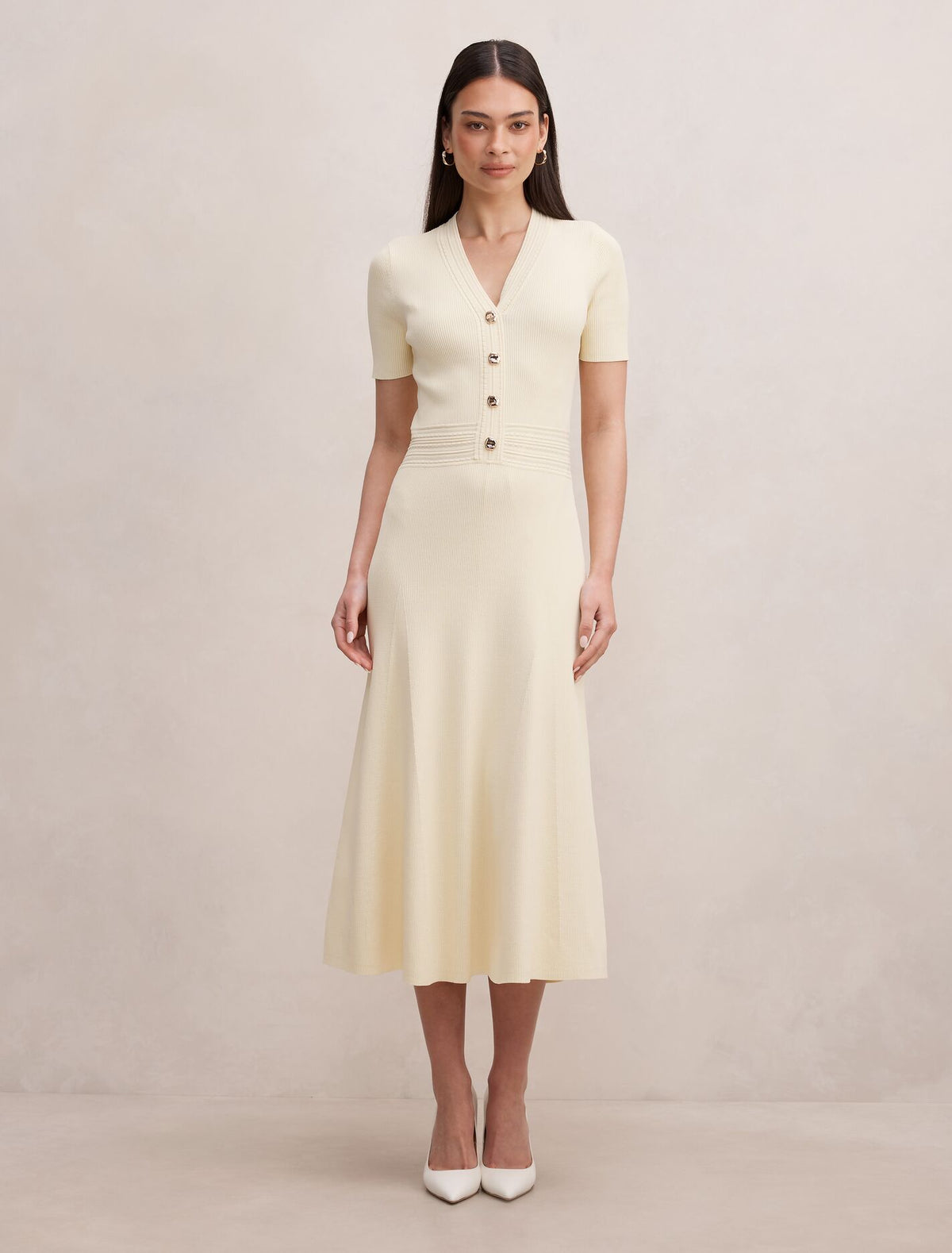 Niki V-Neck Stitch Knit Dress Lemon Yellow Forever New