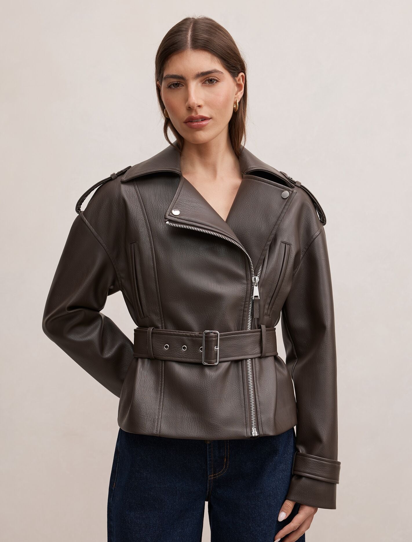 Brooklyn Pu Belted Biker Jacket