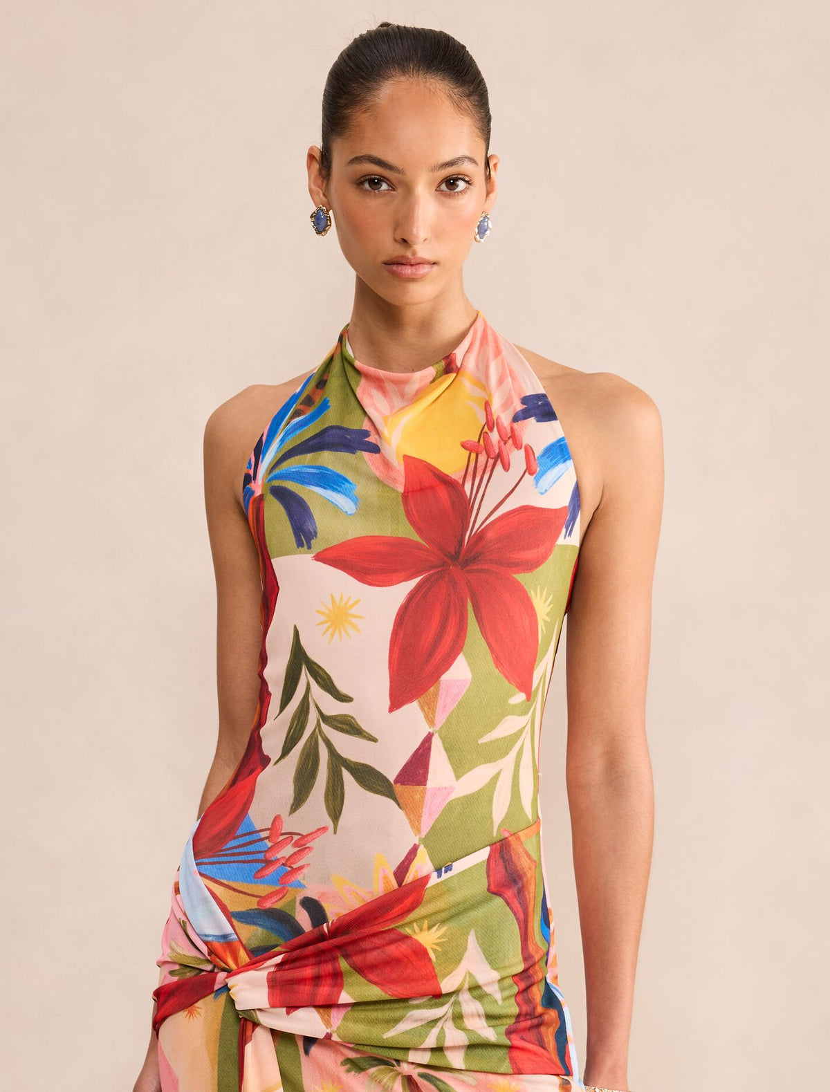 Abby Printed Halter Mesh Midi Dress