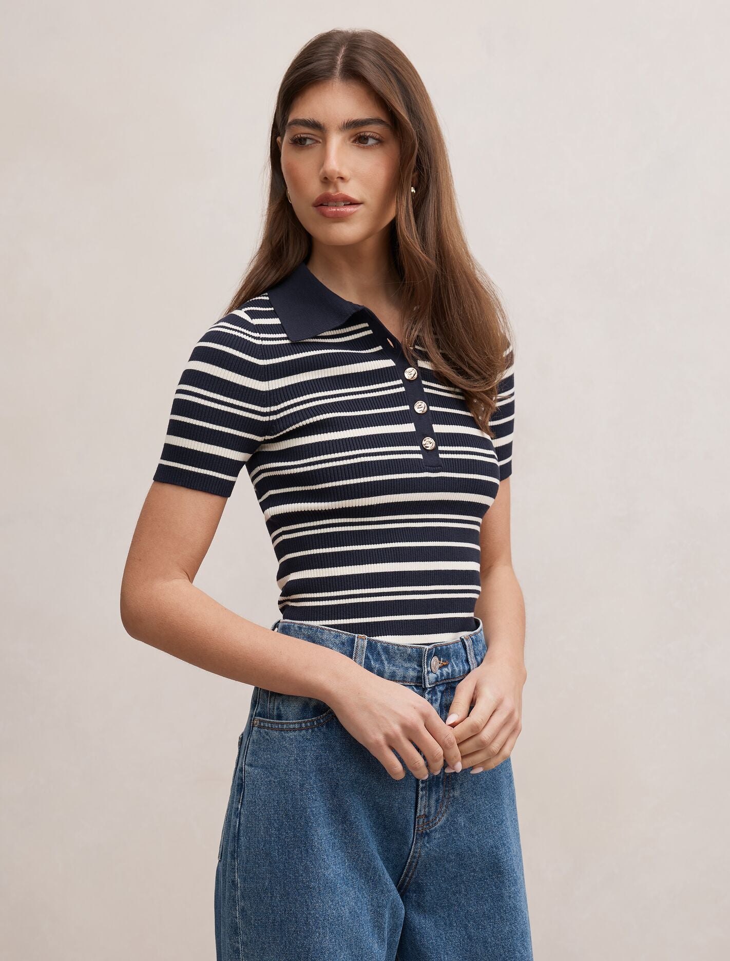 Sasha Striped Knit Polo T-Shirt Forever New