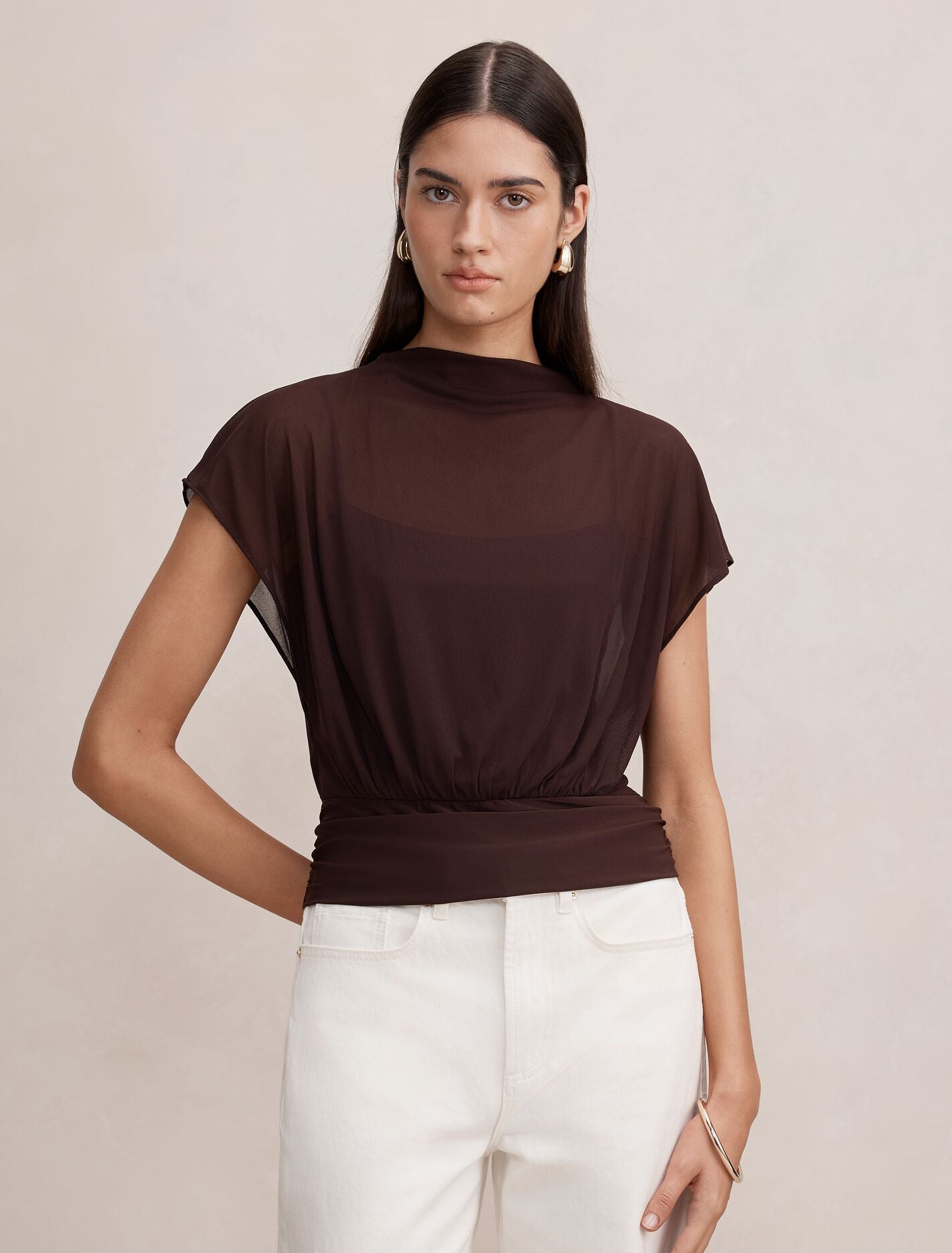 Mattie Mesh Overlay Top Chocolate Forever New