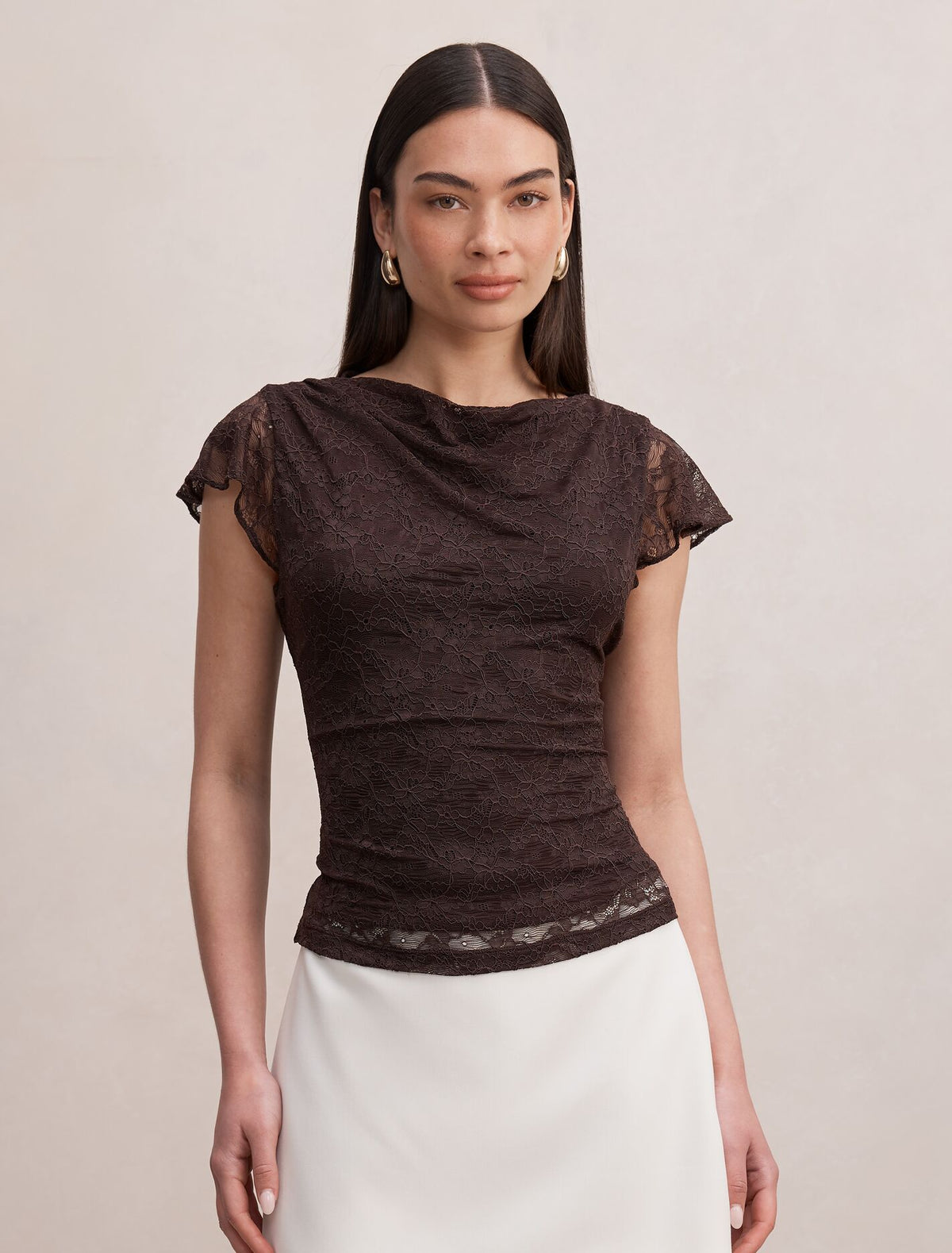 Hyacinth Lace Flutter Sleeve Top Chocolate Forever New