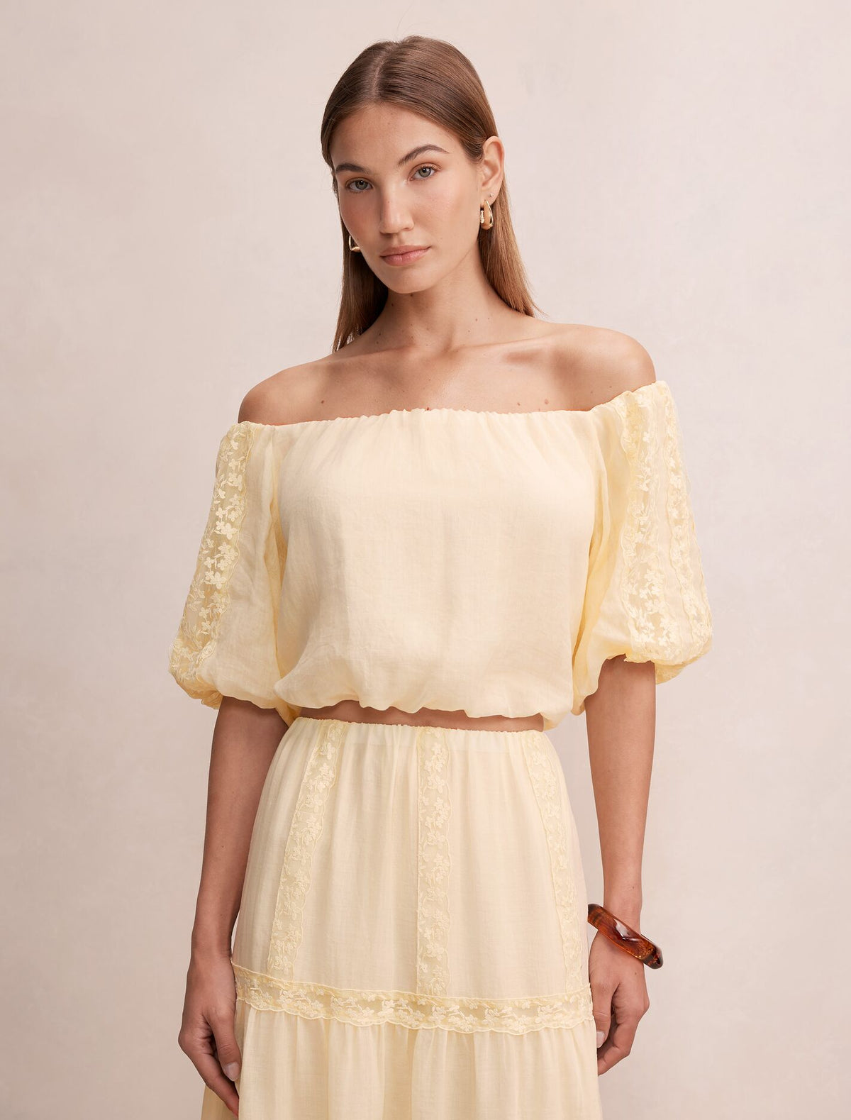 Naomi Off Shoulder Bubble Top Soft Yellow Co-Ord Forever New