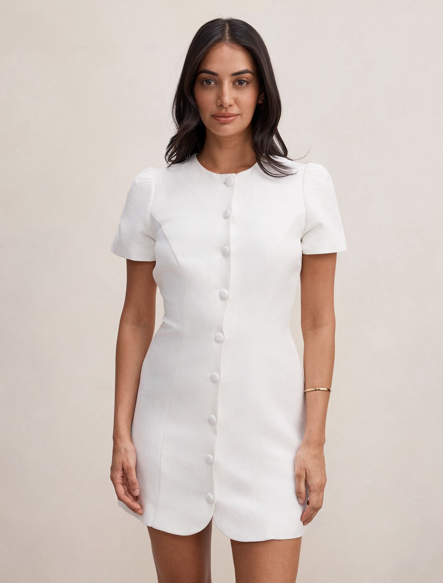 Elinda Button Up Linen Mini Dress Porcelain Forever New