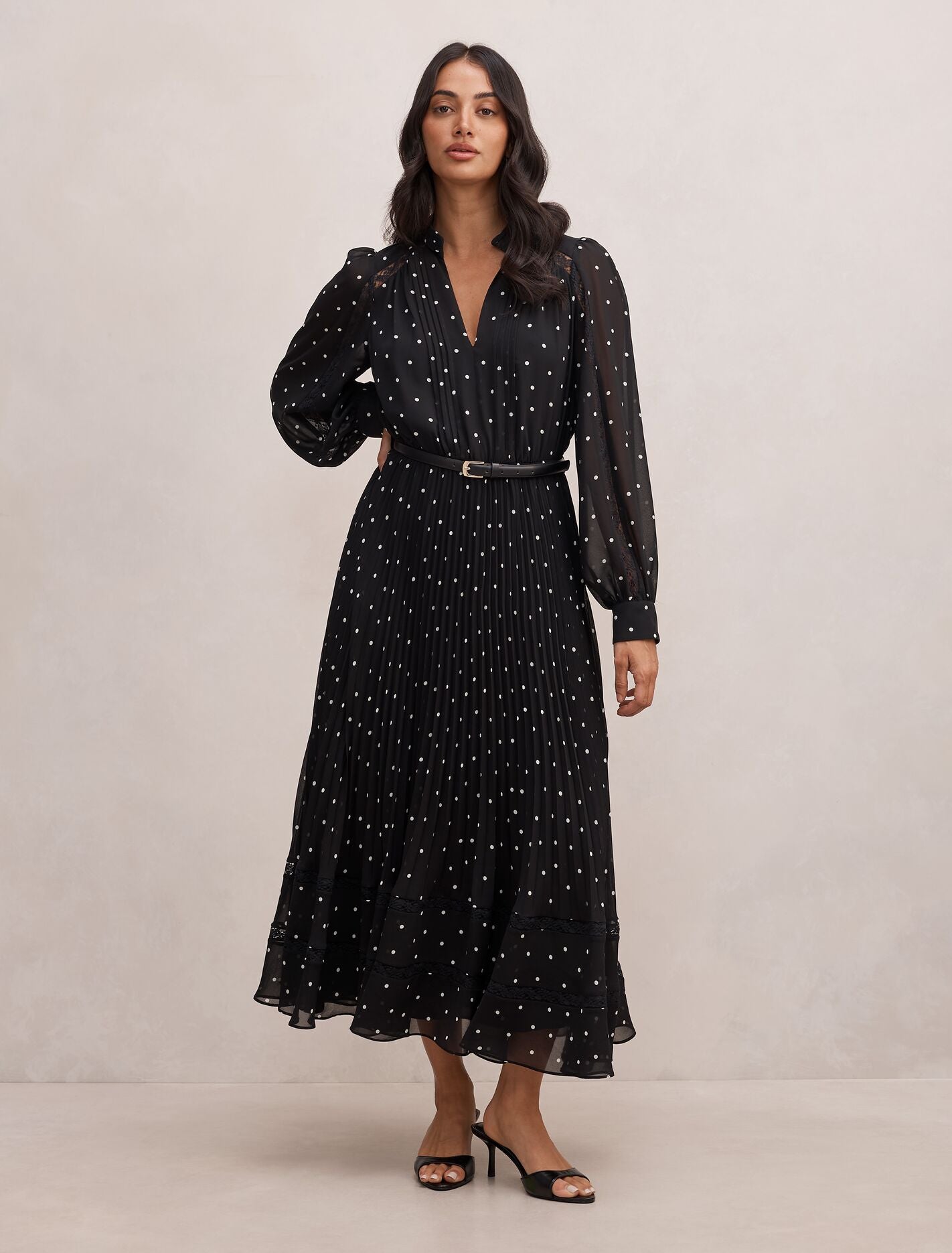 Clara Pleated Lace Trim Midi Dress Dark Risley Spot Forever New