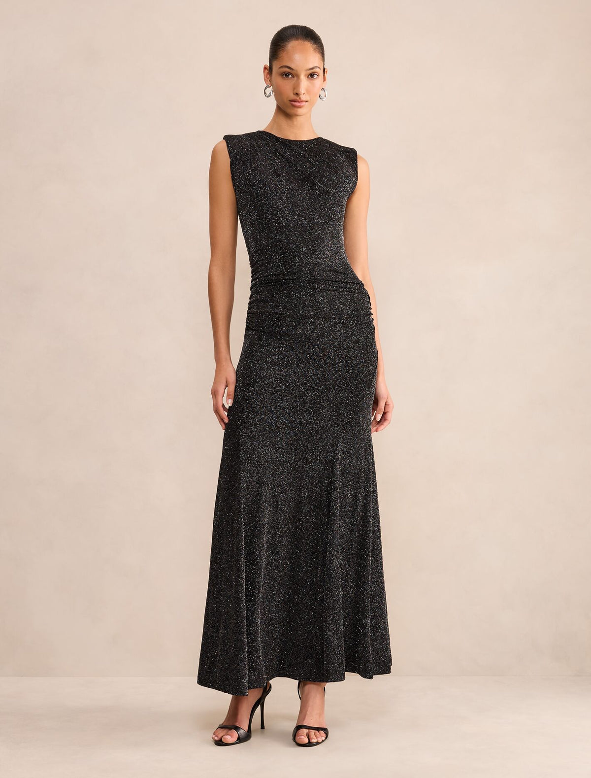 Ciara Gathered Glitter Maxi Dress Black Silver Forever New