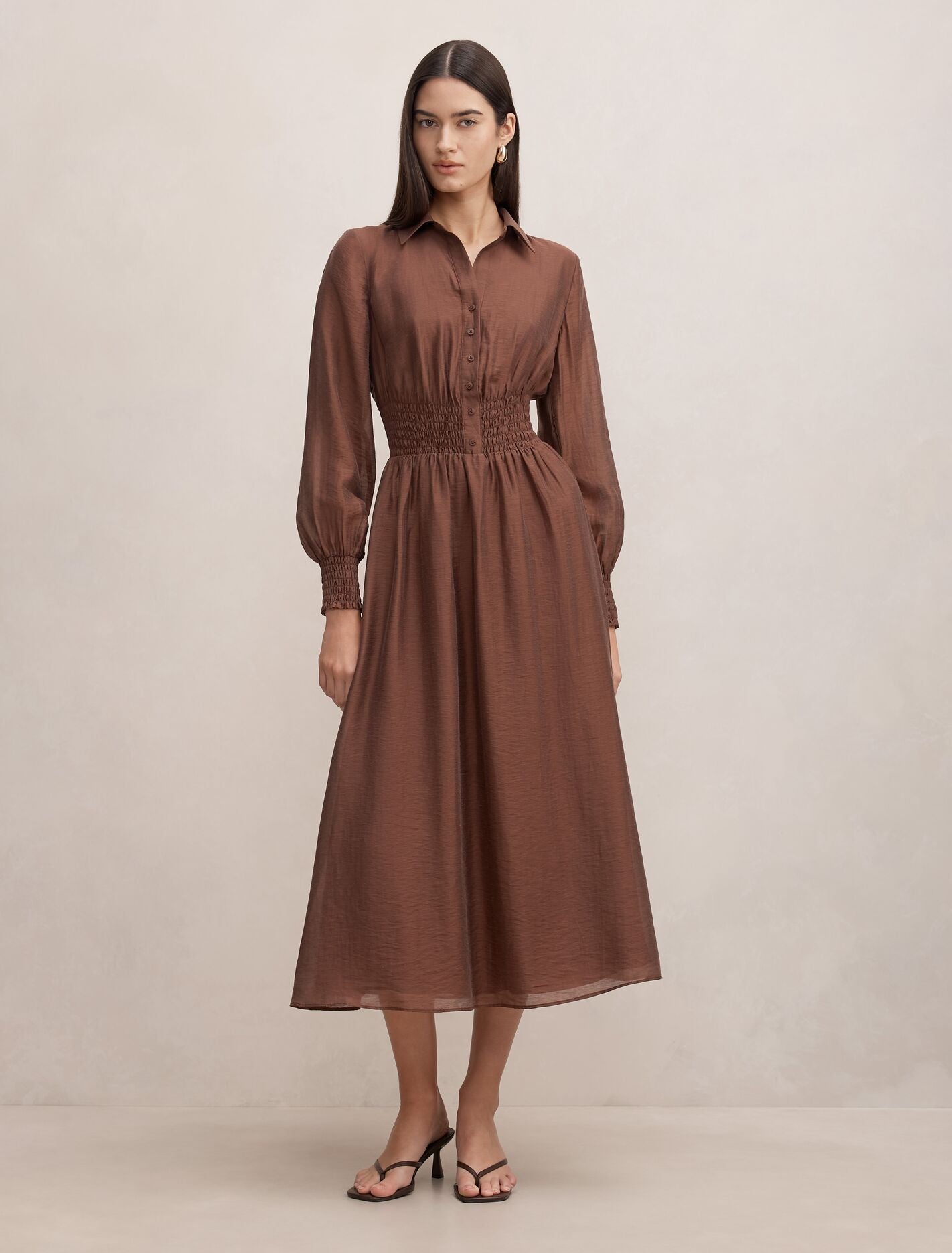 Elissa Shirred Waist Midi Dress Shaved Chocolate Forever New