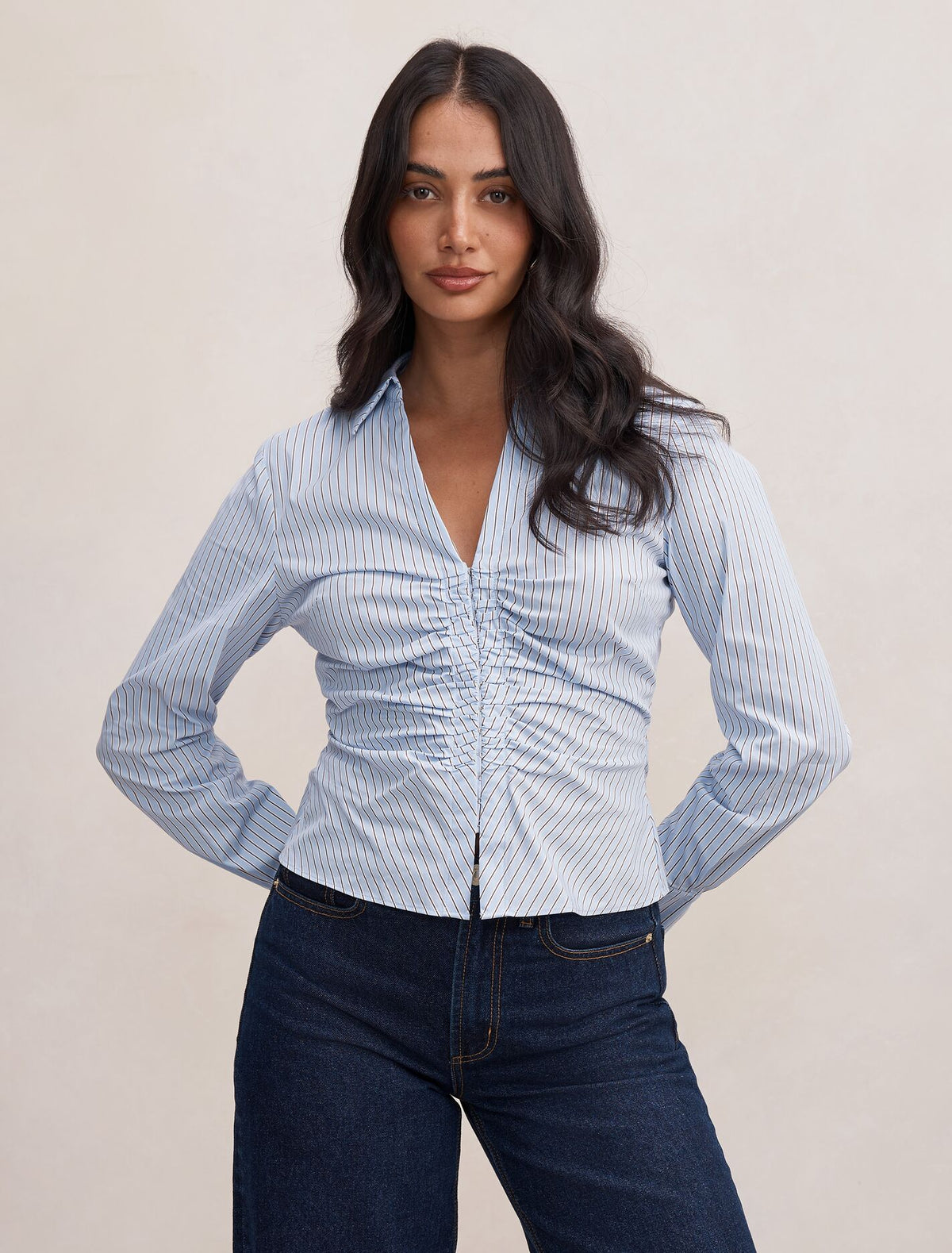 Ainsley Gathered Shirt Blue Choc Stripe Forever New