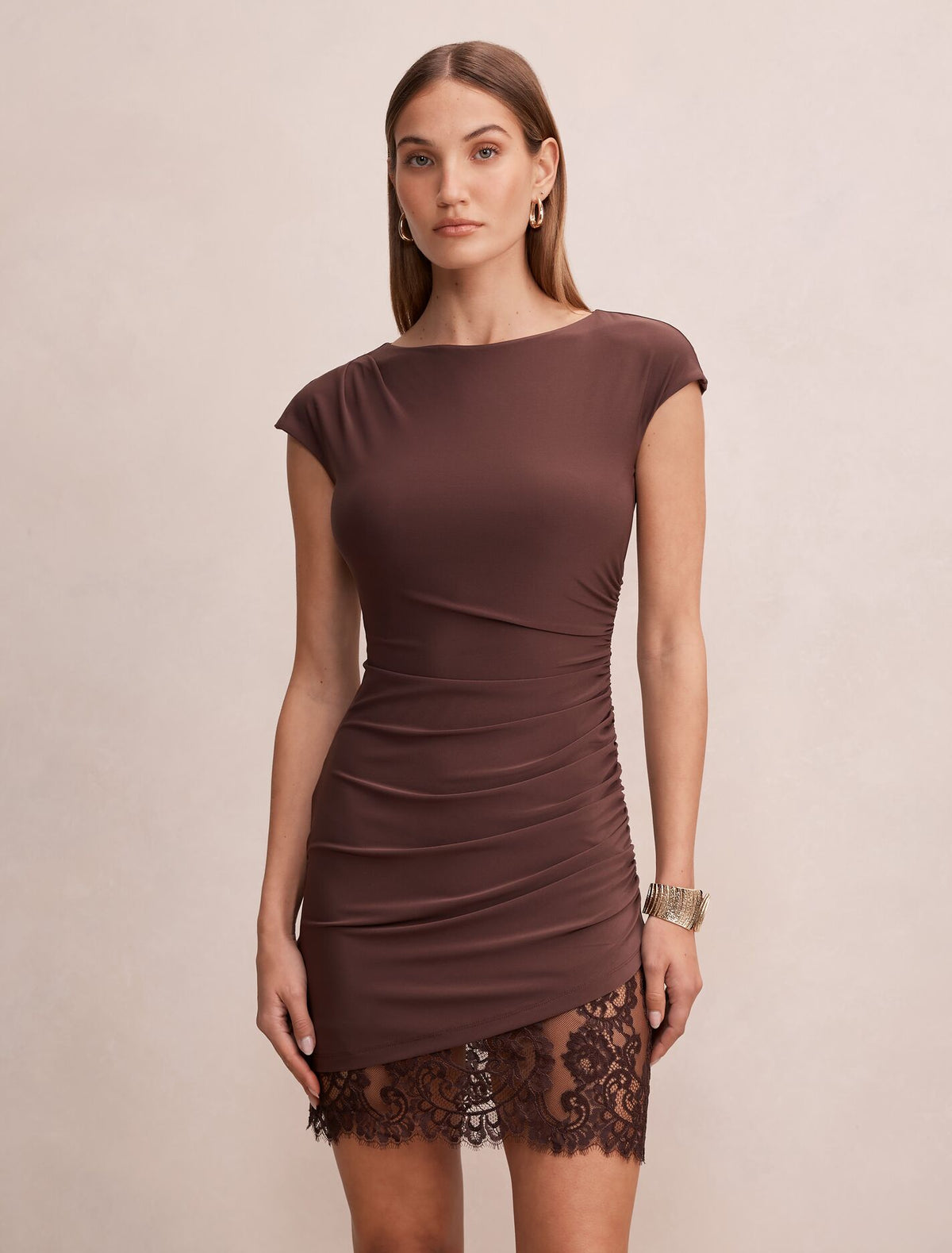 Eloise Short Sleeve Lace Mini Dress Cocoa Bean Forever New