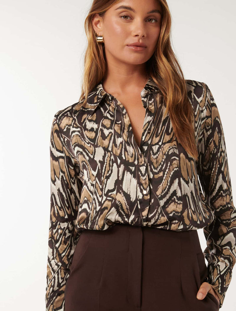 Lila Longline Printed Satin Shirt Forever New