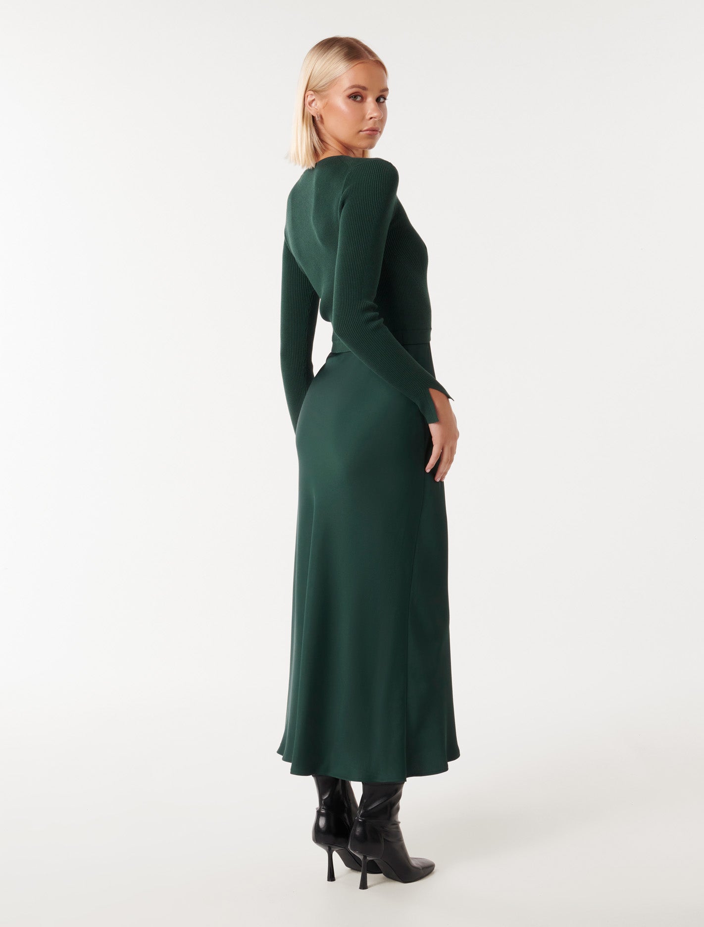 Alicia Long Sleeve Satin Mix Knit Dress Forever New
