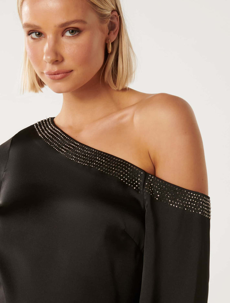 Anya Asymmetrical Embellished Satin Top Forever New