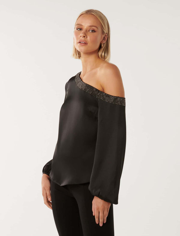 Anya Asymmetrical Embellished Satin Top Forever New