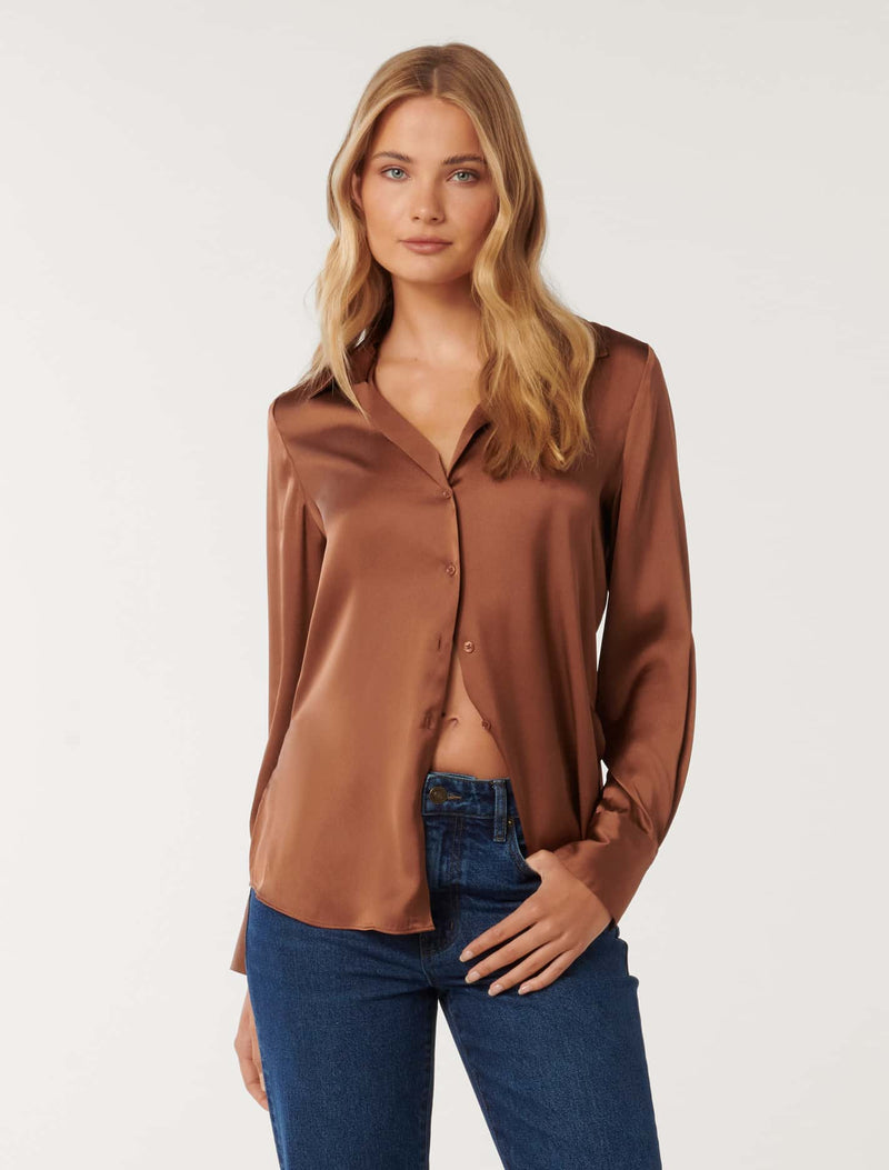 Harvey Notched Neck Satin Shirt Forever New