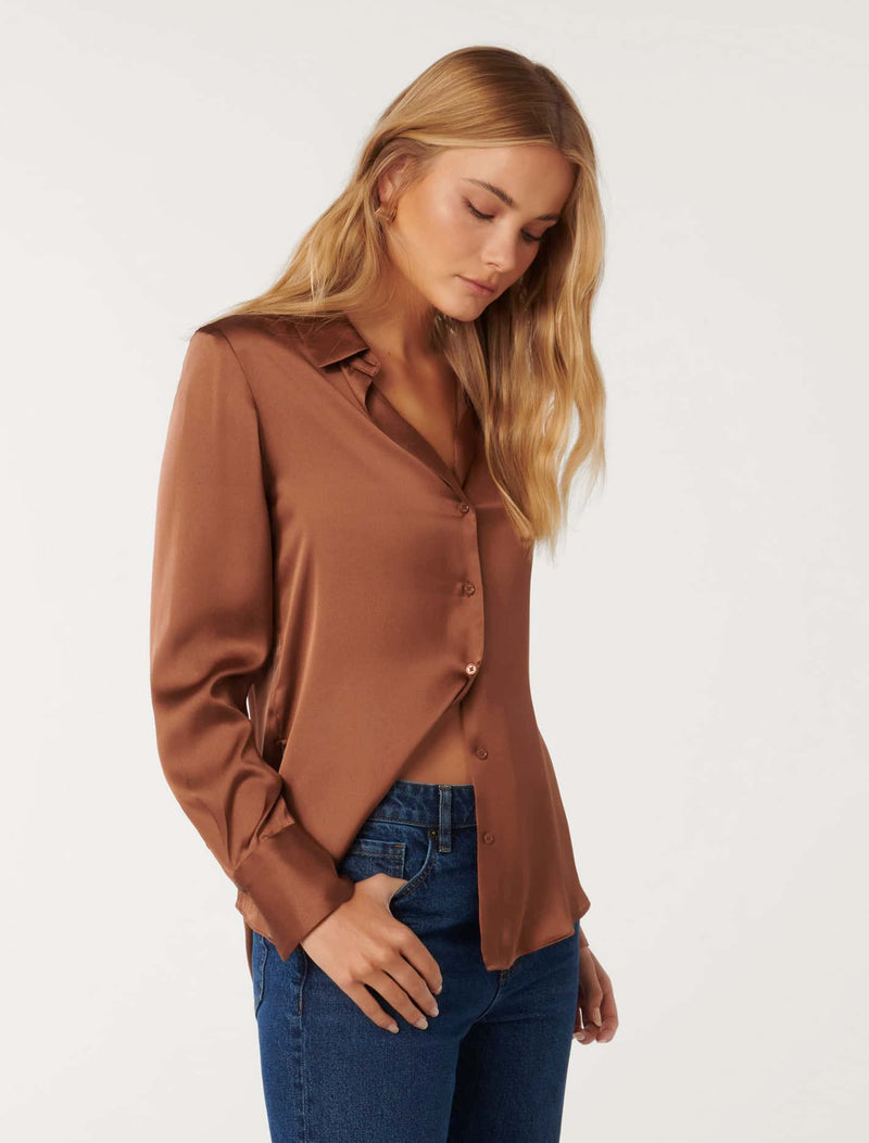 Harvey Notched Neck Satin Shirt Forever New