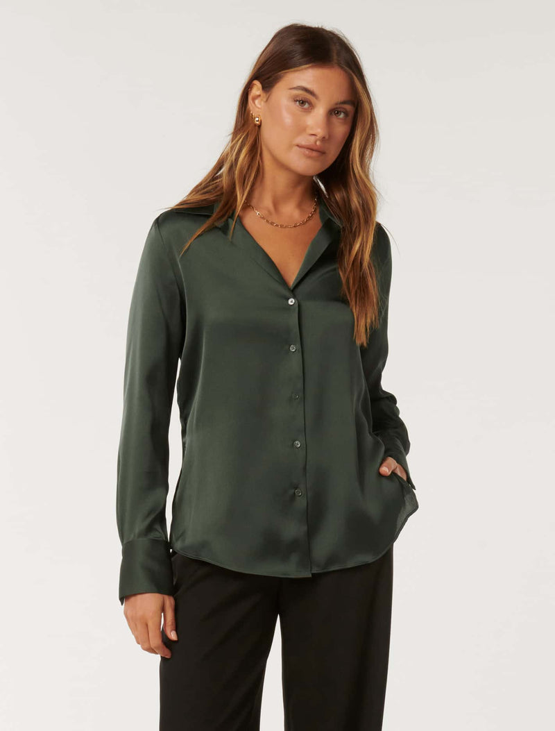 Harvey Notched Neck Satin Shirt Forever New