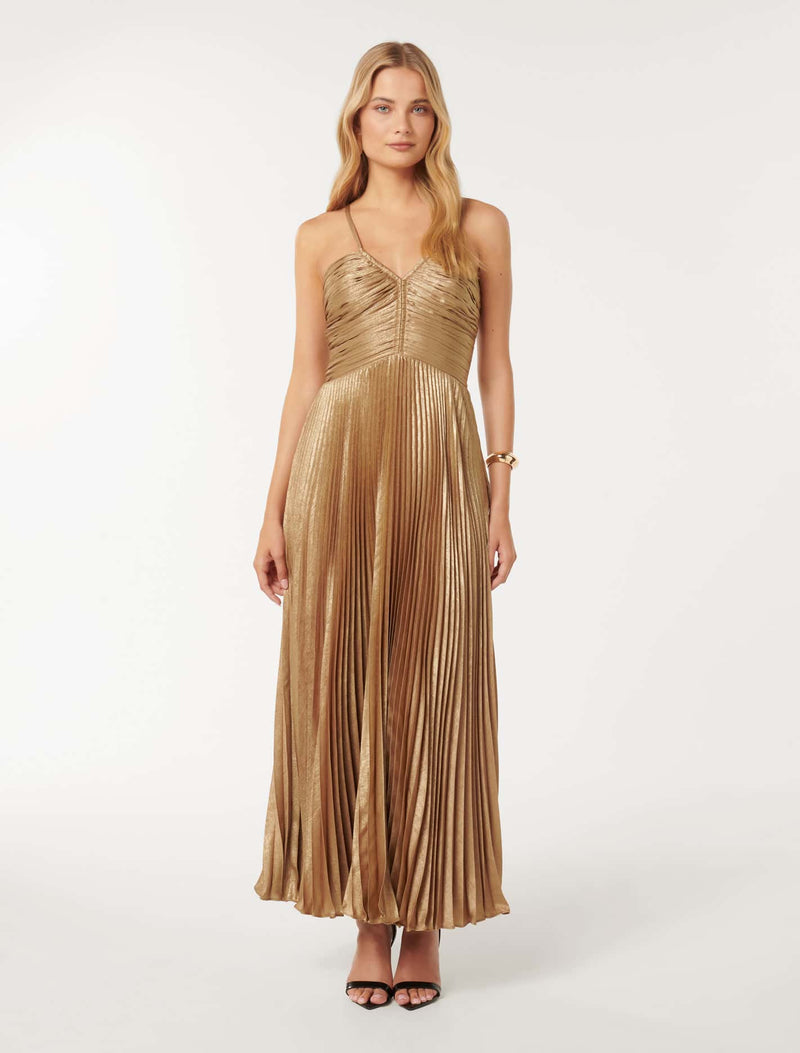 Jayden Metallic Pleated Maxi Dress Forever New