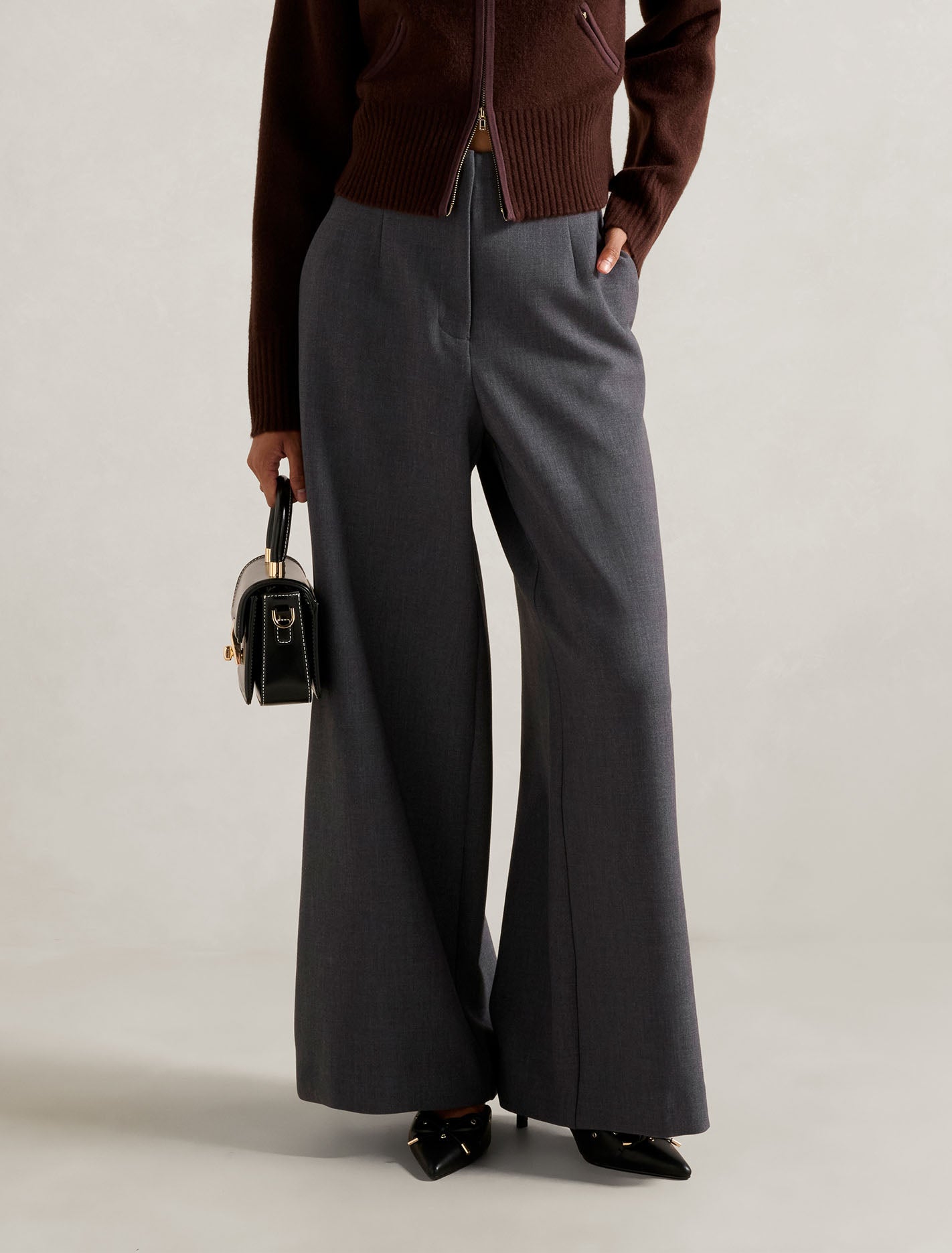 Freya Petite High Waist Wide Leg Pants Grey Marle Forever New