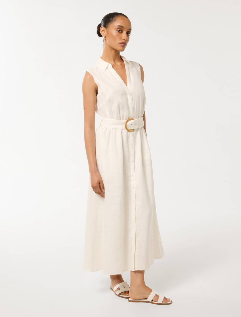 Pippa Petite Collared Button Front Linen Midi Dress Forever New