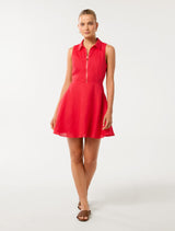 Nina Zip Front Collar Linen Mini Dress Forever New