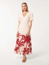 Jaz Printed Linen Midi Dress Red Lani Tropical Forever New