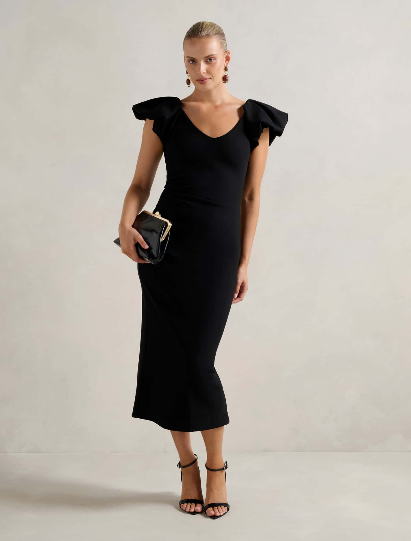 Makenna Bubble Sleeve Midi Dress Black Forever New
