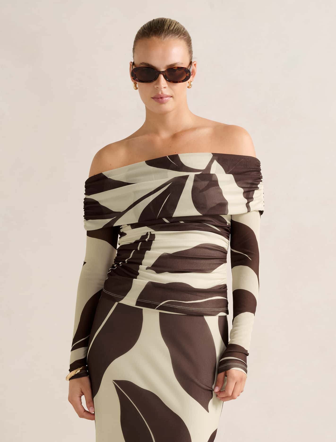 Kaia Ruched Mesh Bardot Top Liston Stencil Co-Ord Forever New